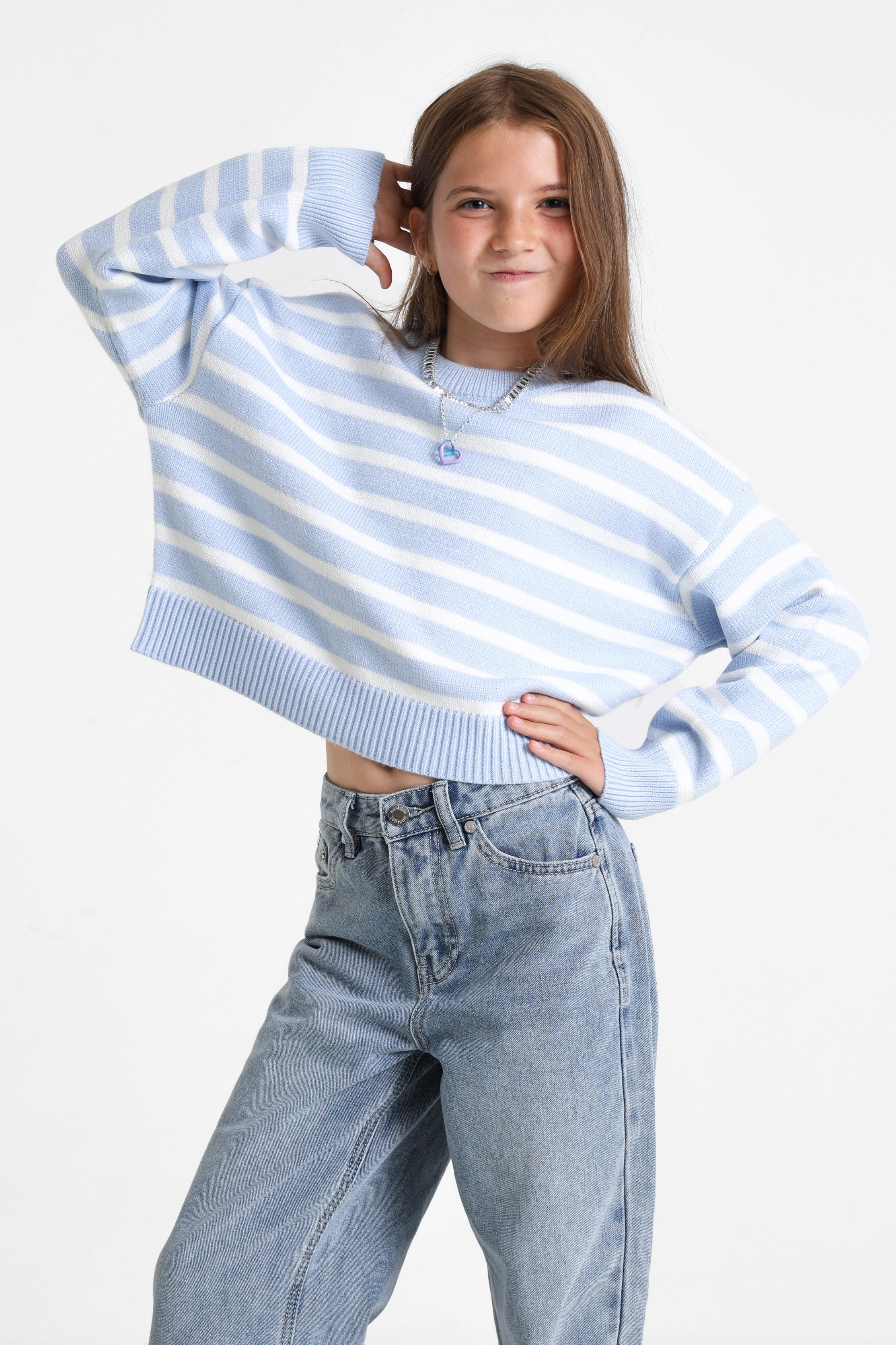 Crop Strickpullover - Hellblau + Offwhite