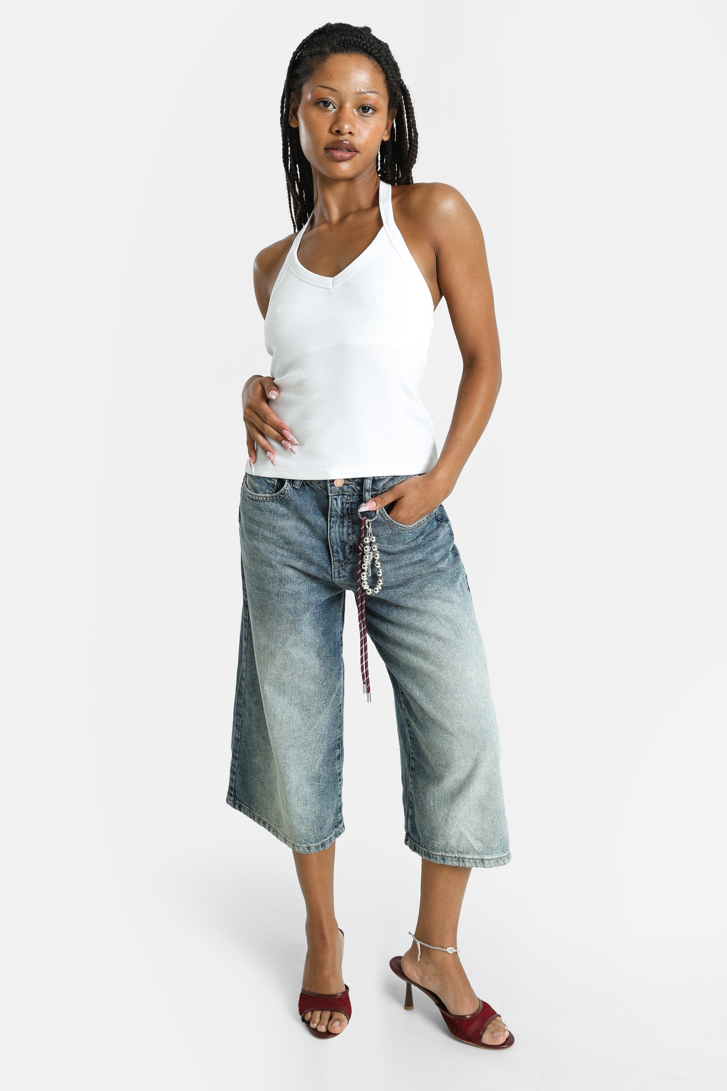 Geripptes Neckholder Crop Top - Weiss