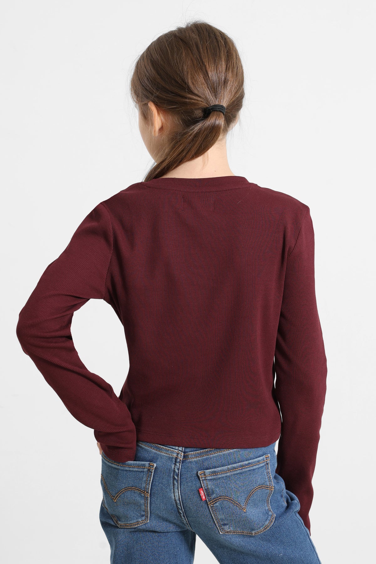 Geripptes Crop Langarmshirt - Burgundy