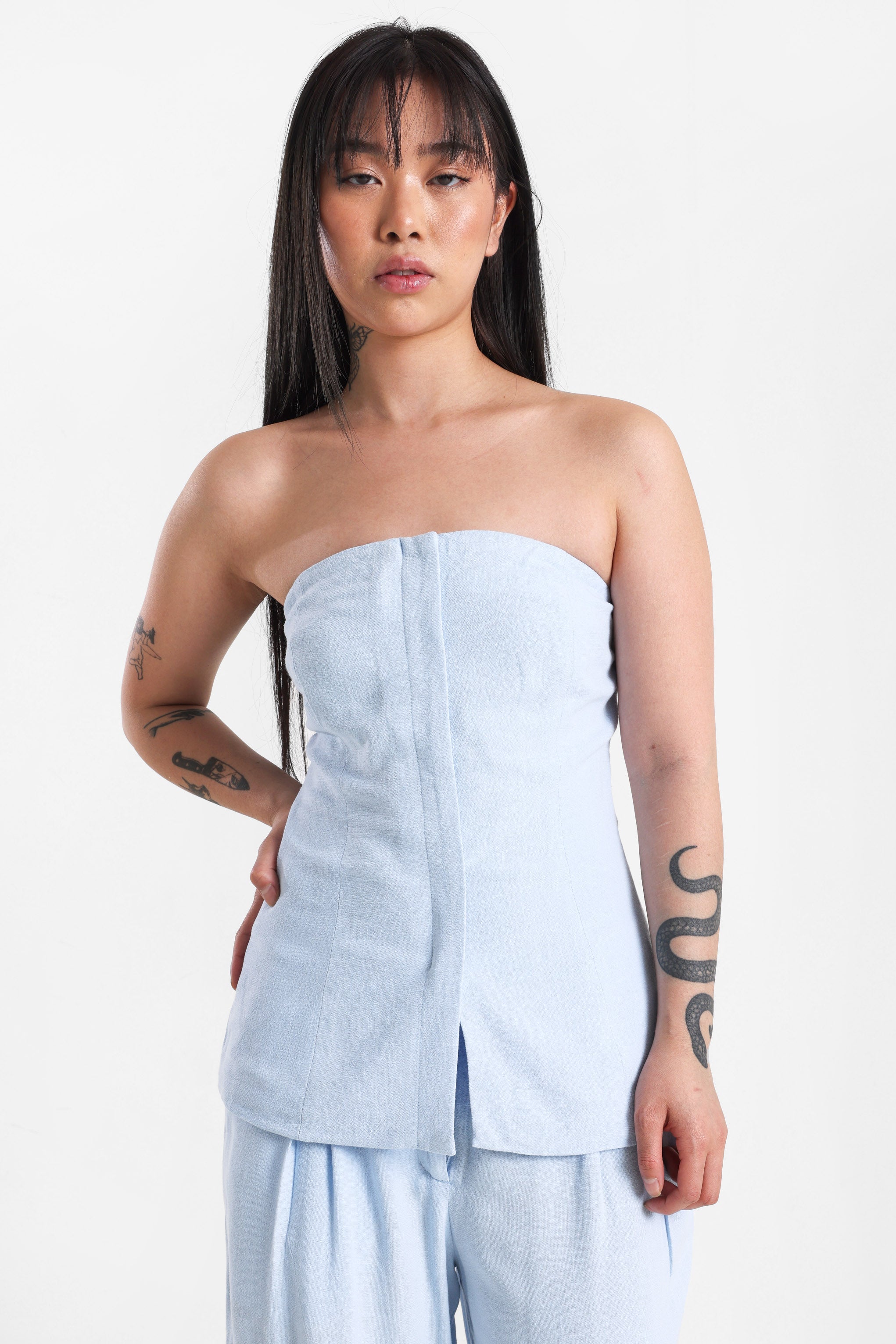 Leinen Bandeau Top - Hellblau