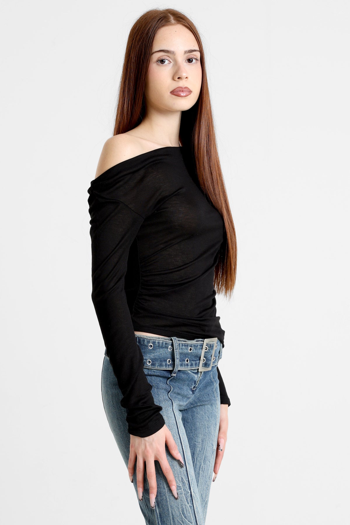Off Shoulder Langarmshirt - Schwarz