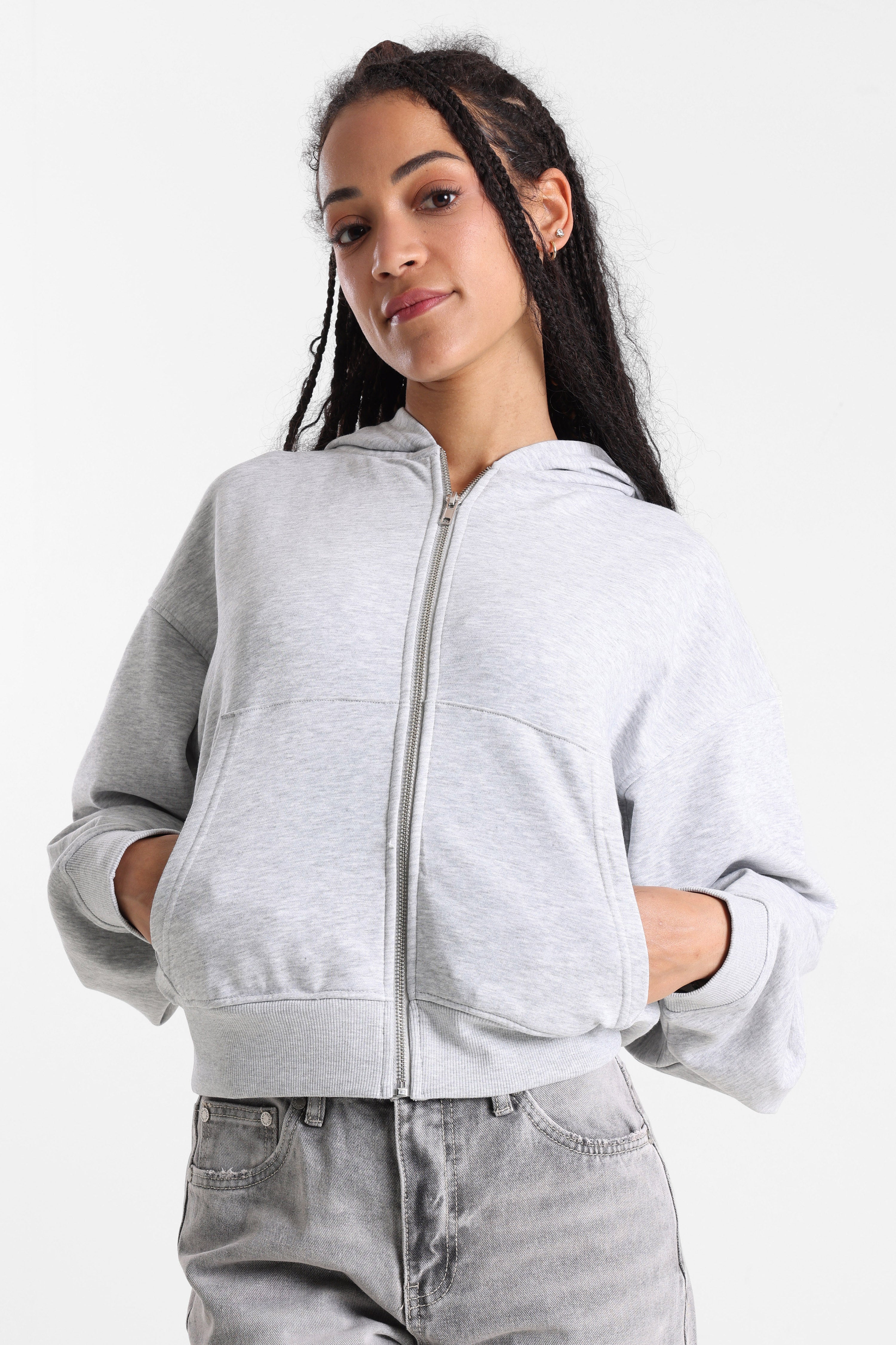 Kapuzensweatjacke - Grau meliert