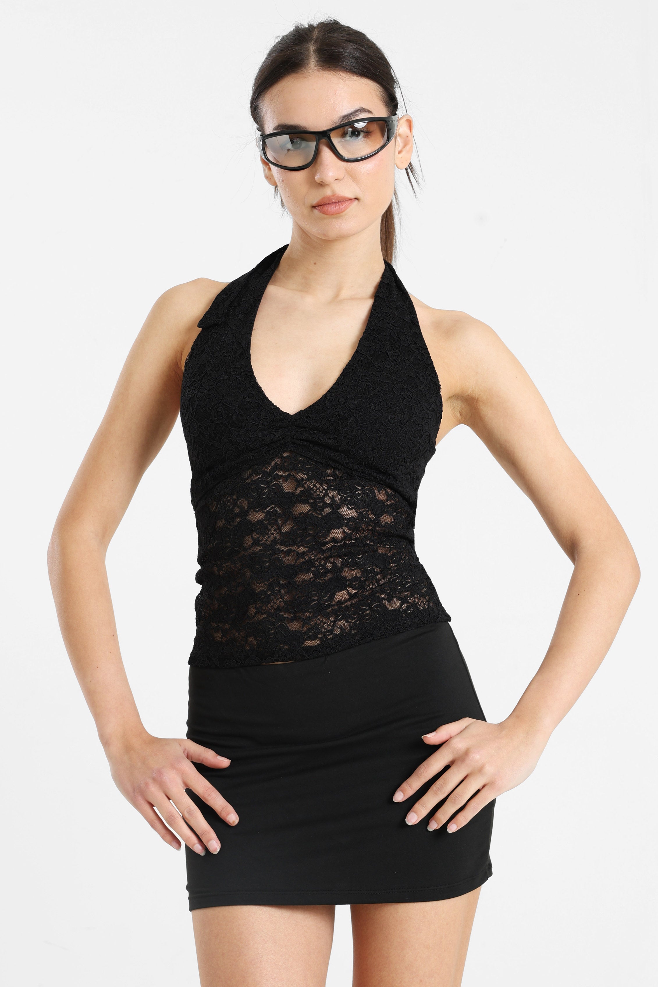 Cropped lace halter neck top - Black