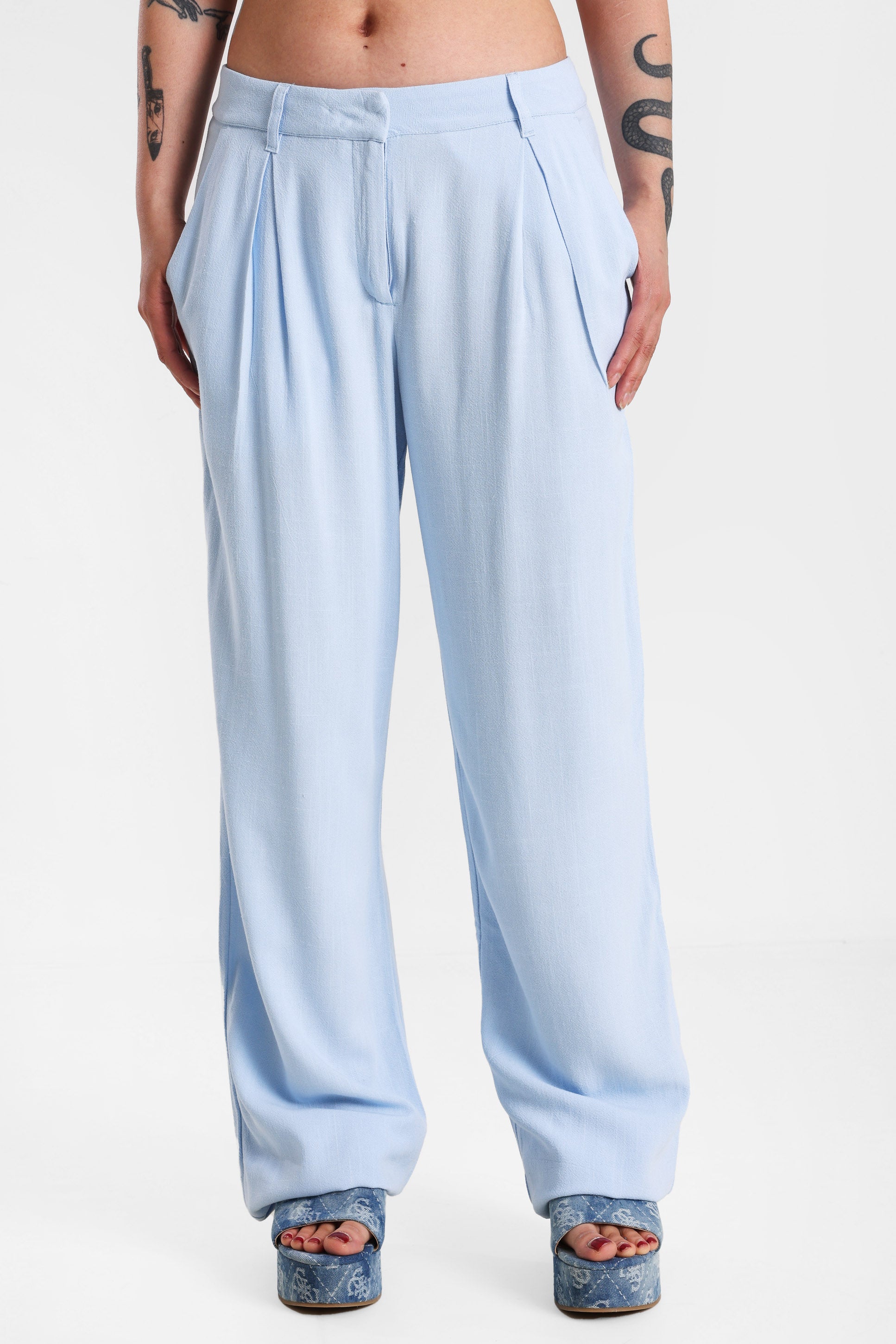 Pantalon wide leg en lin - Bleu clair