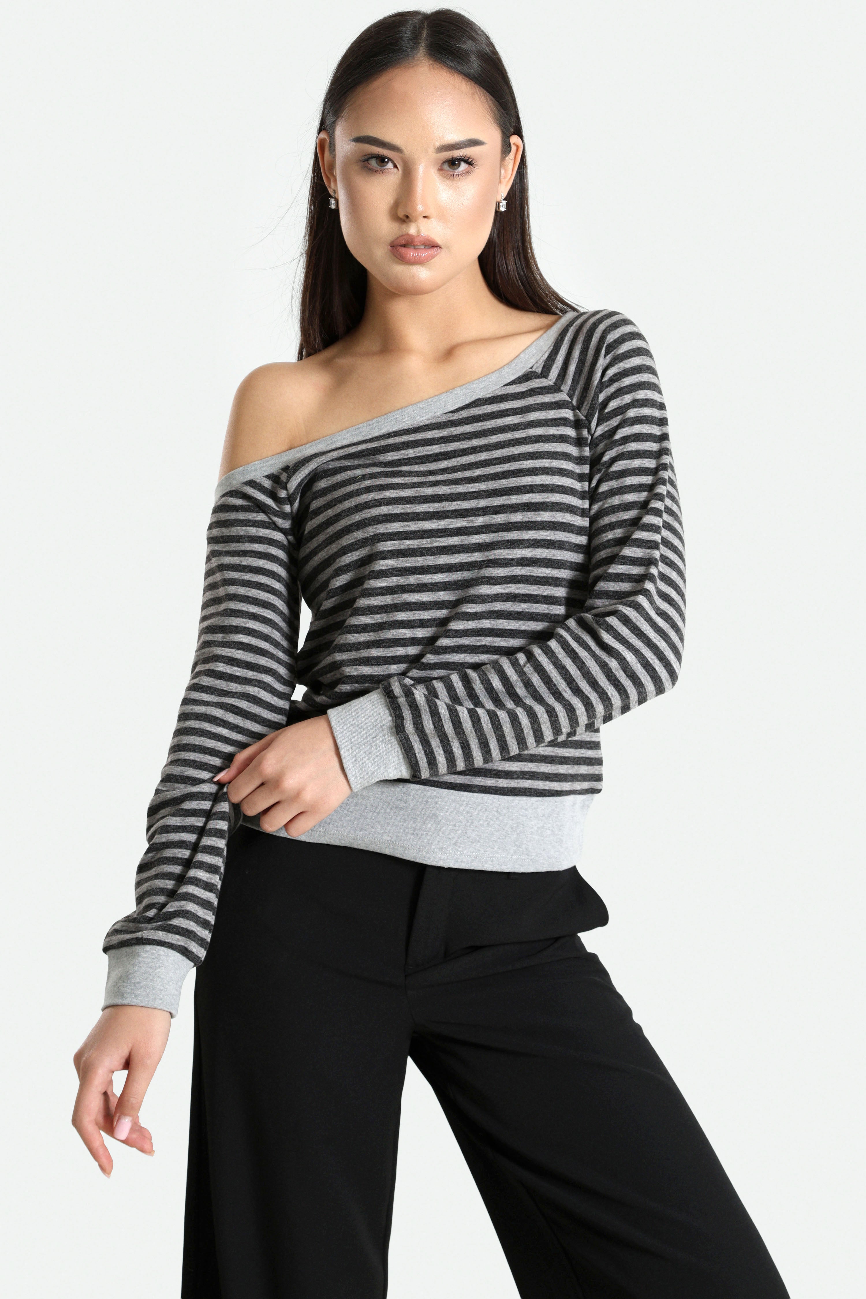 Off Shoulder Langarmshirt - Grau meliert + Anthrazit