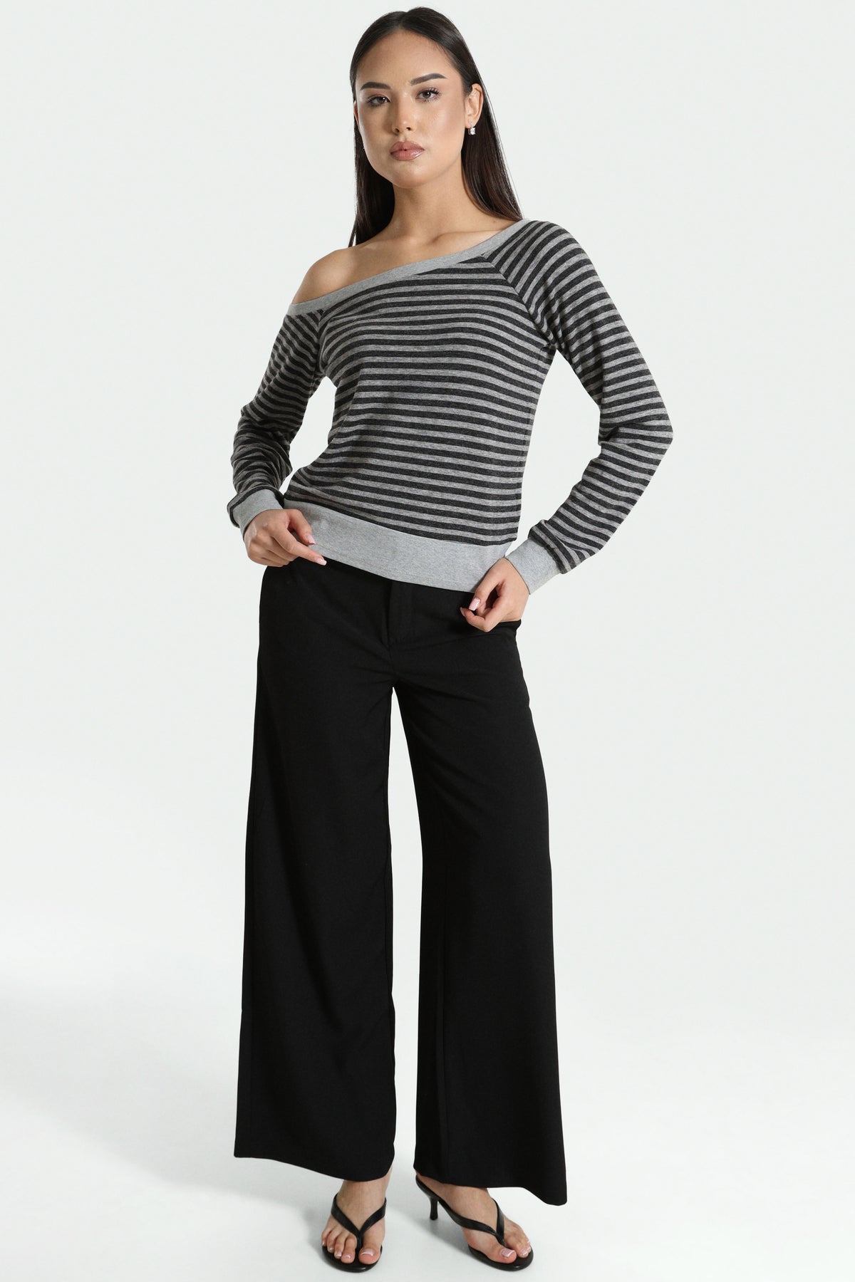Off Shoulder Langarmshirt - Grau meliert + Anthrazit