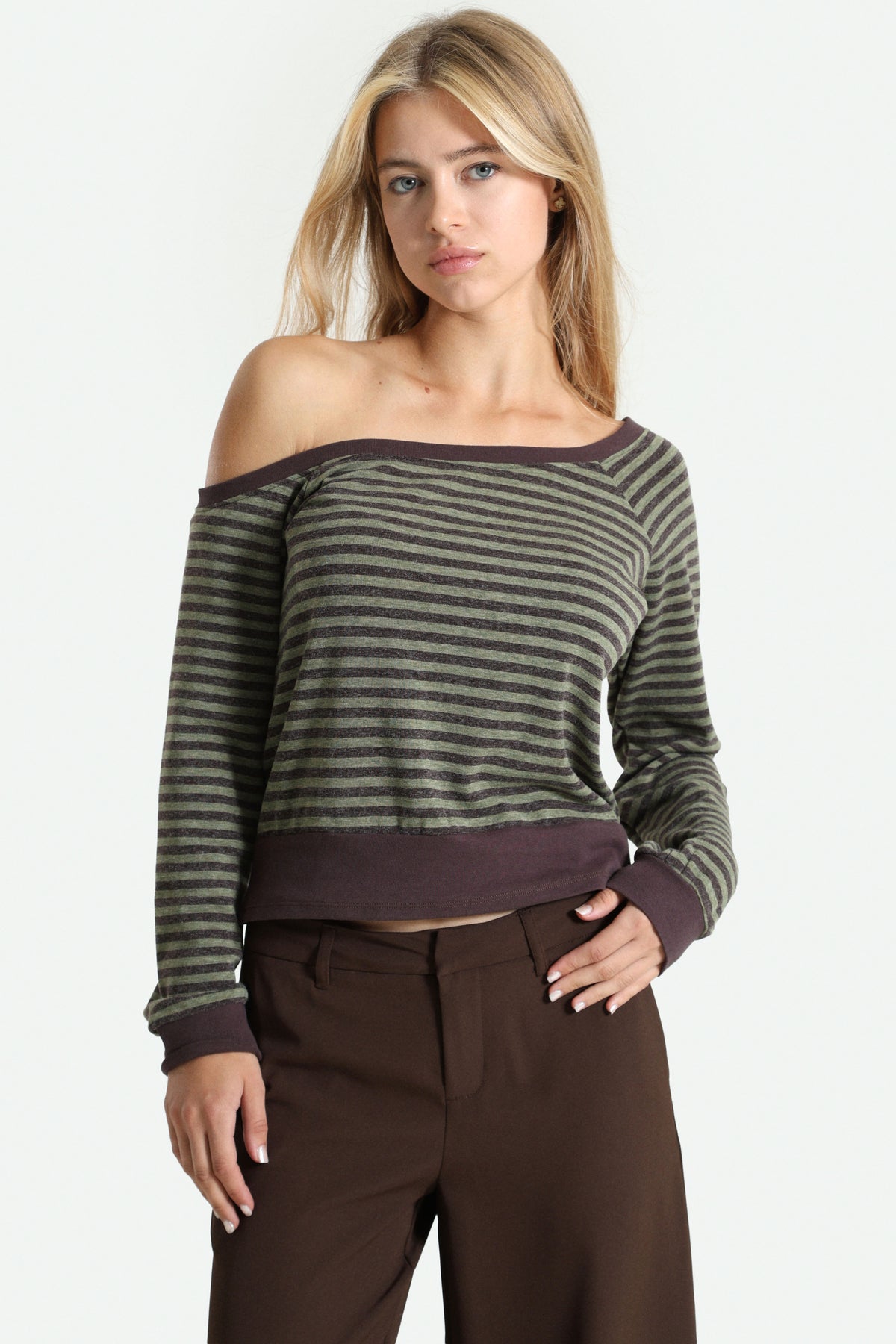 Off Shoulder Langarmshirt - Olive + Braun