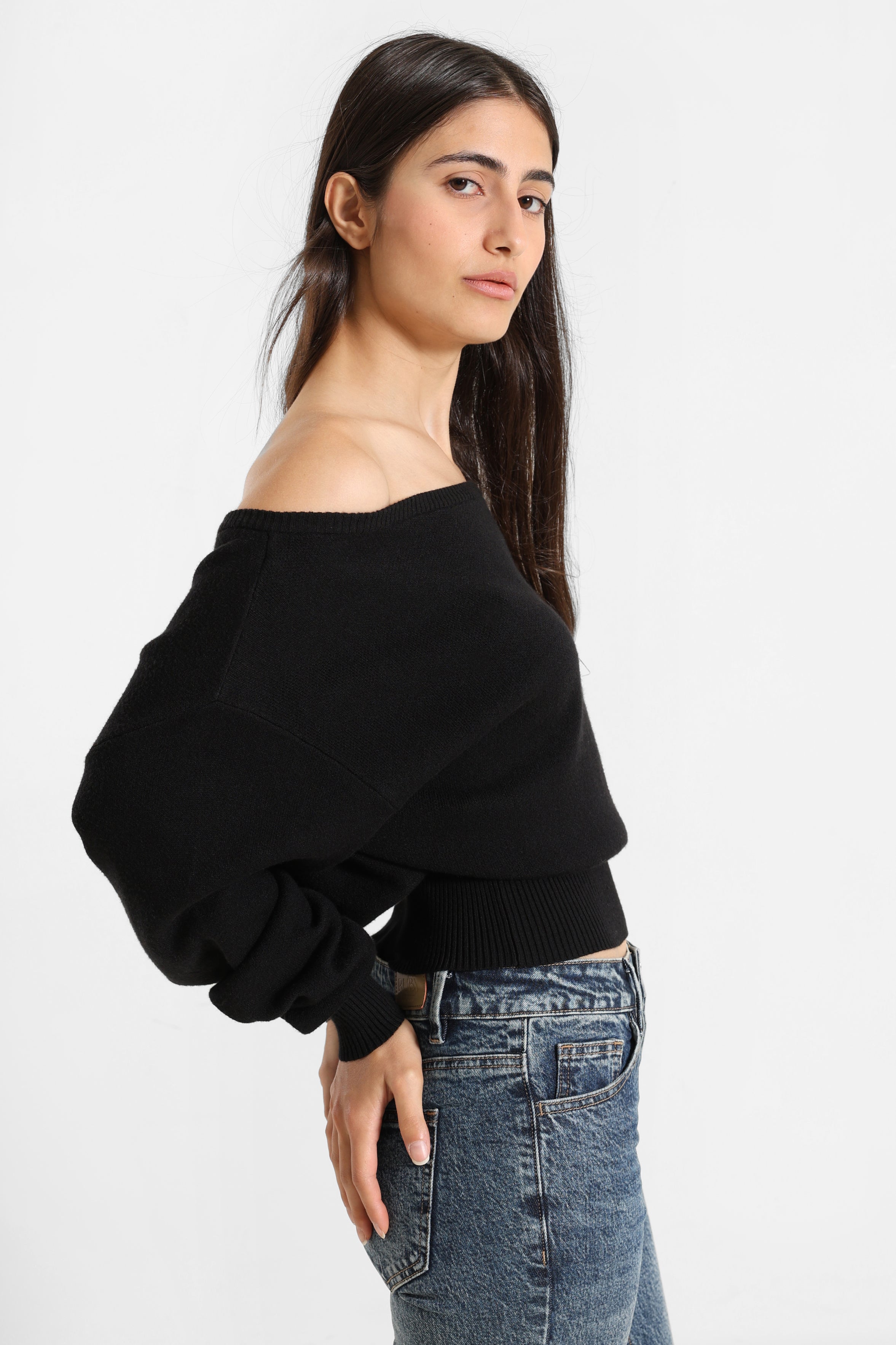 Off Shoulder Strickpullover - Schwarz