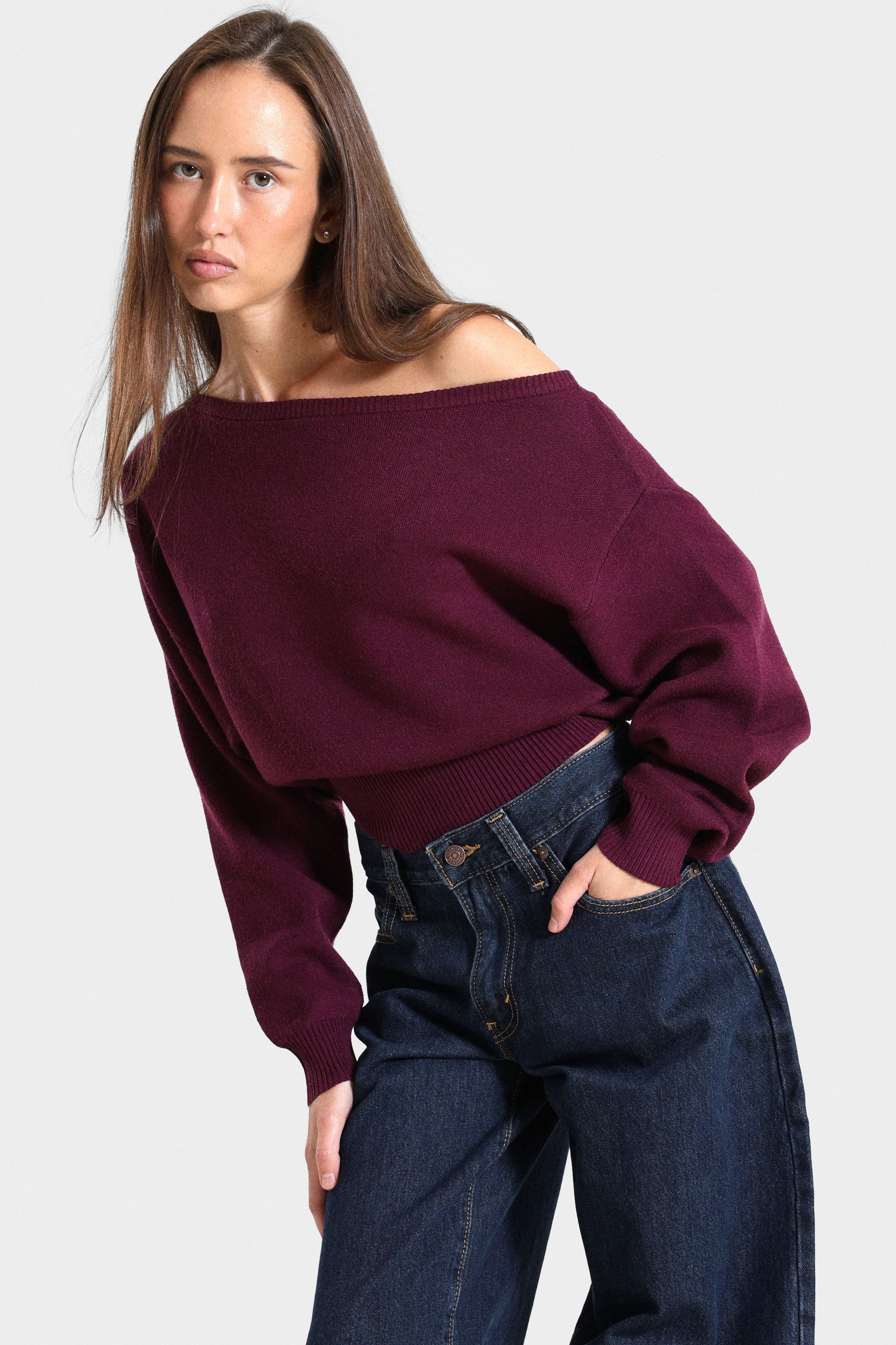 Off Shoulder Strickpullover - Aubergine