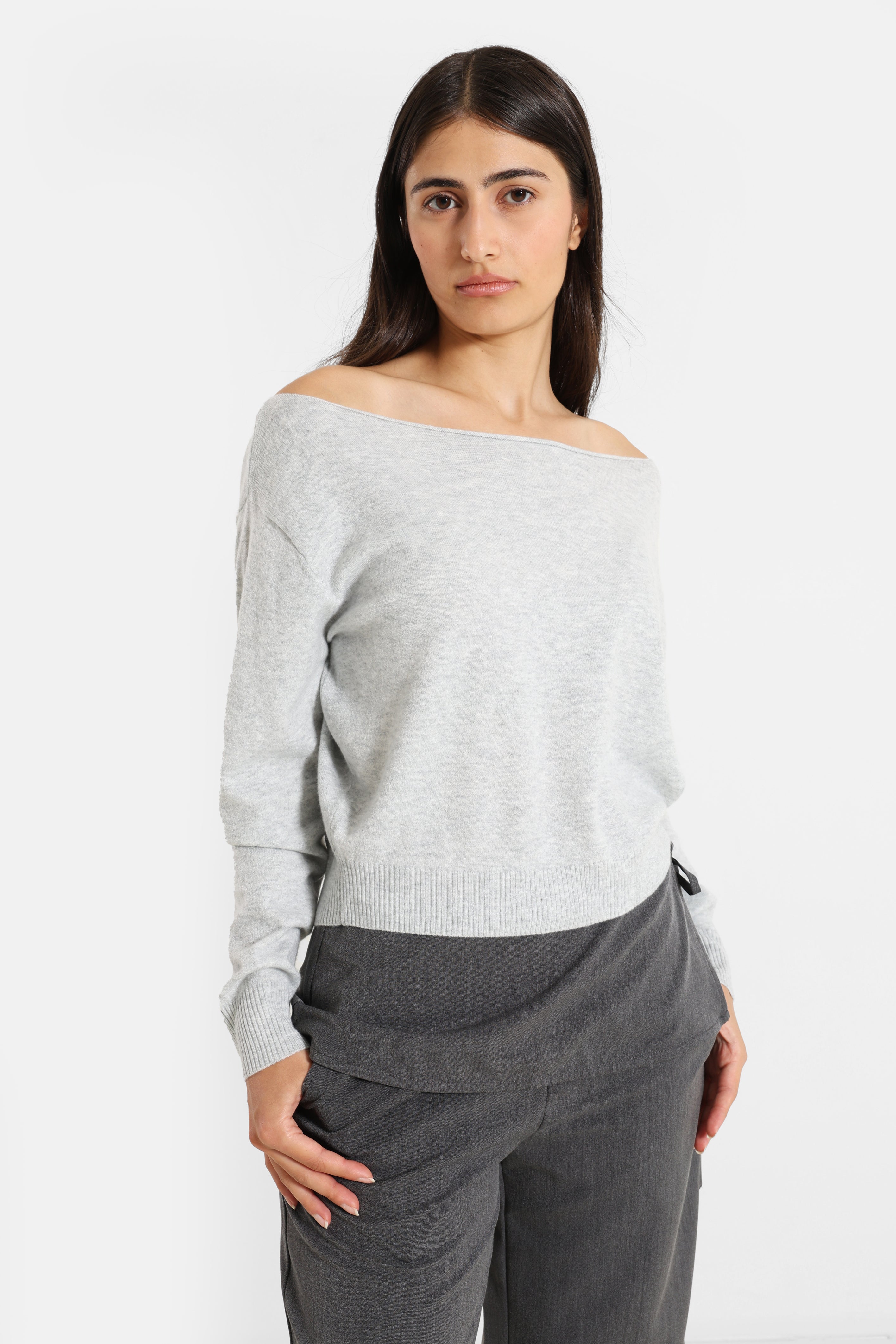 Off Shoulder Strickpullover - Hellgrau meliert