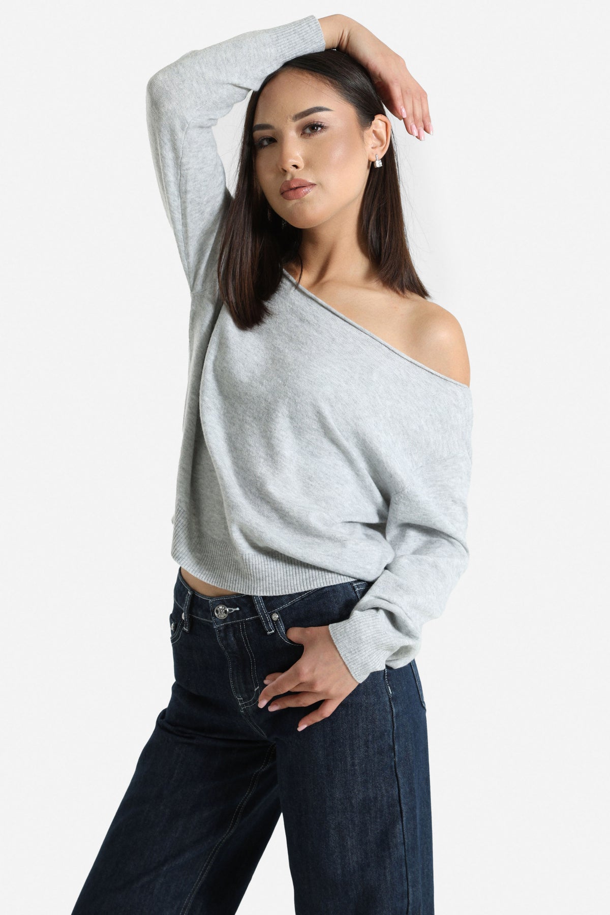 Fine knit off-shoulder sweater - Light Heather Grey