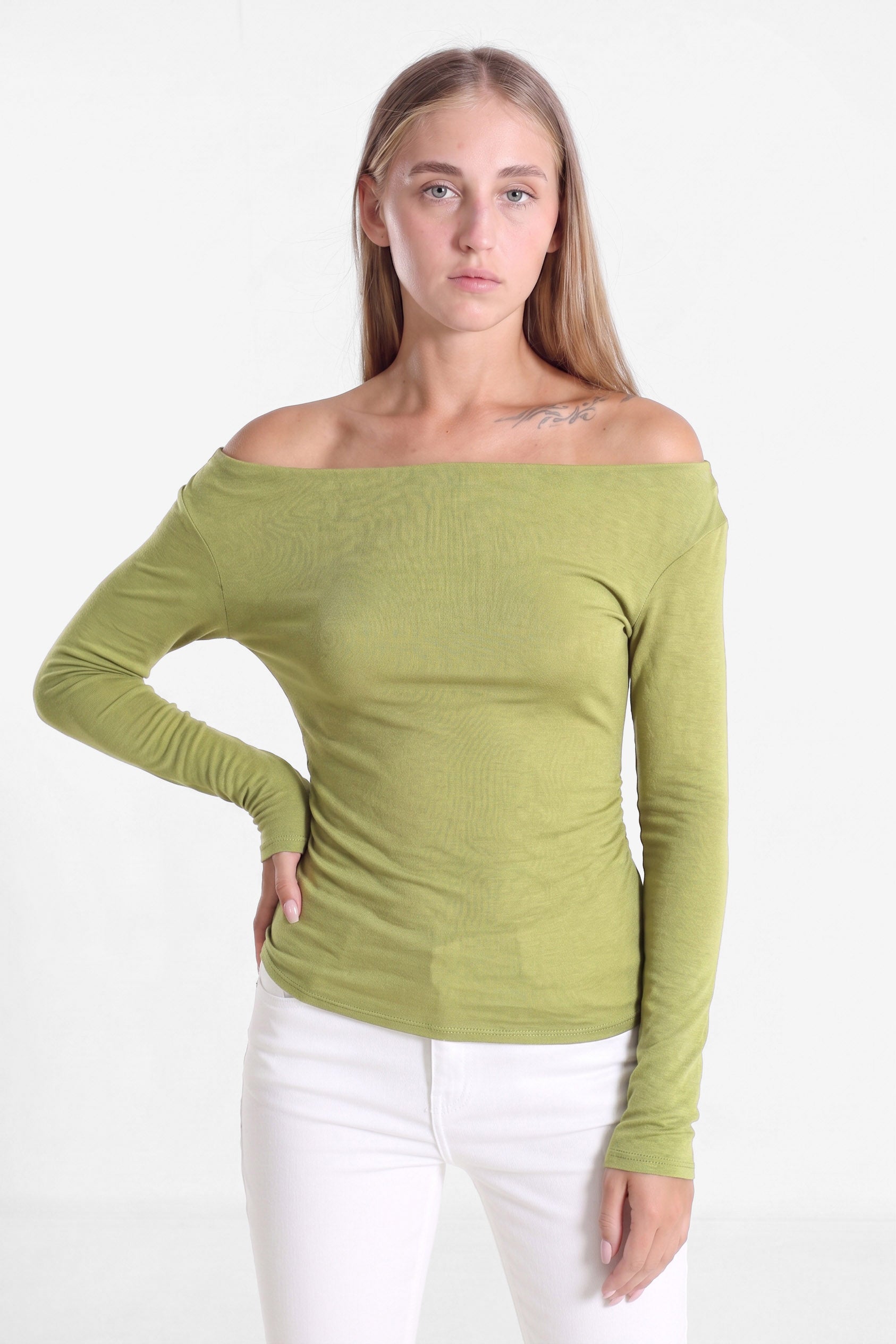 Off Shoulder Langarmshirt - Grün Matcha
