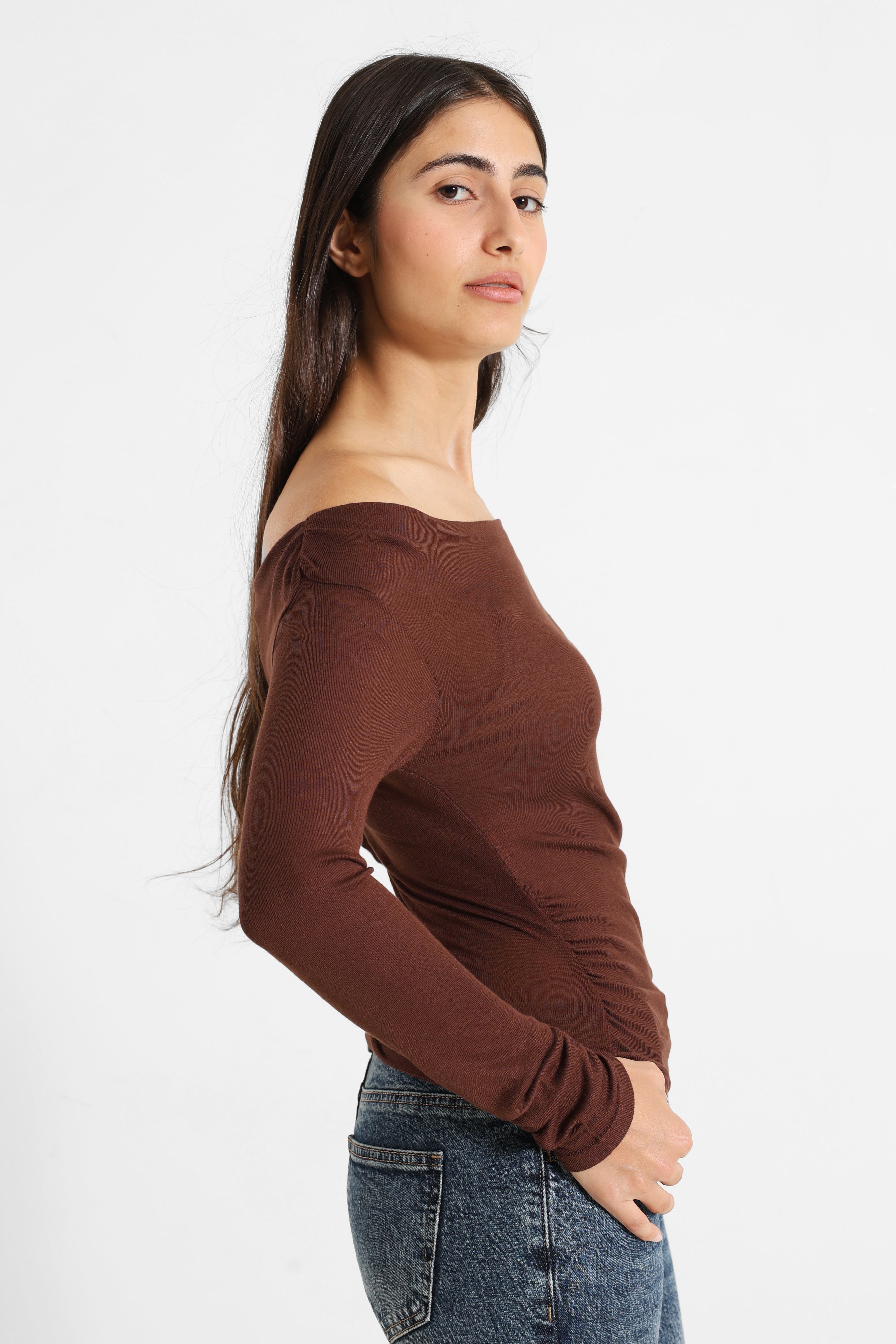 Off Shoulder Langarmshirt - Braun