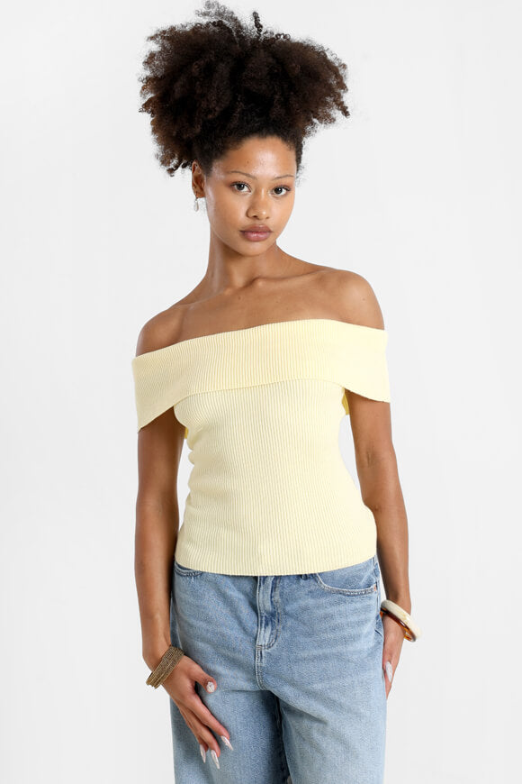 Geripptes Off Shoulder Crop Stricktop - Hellgelb