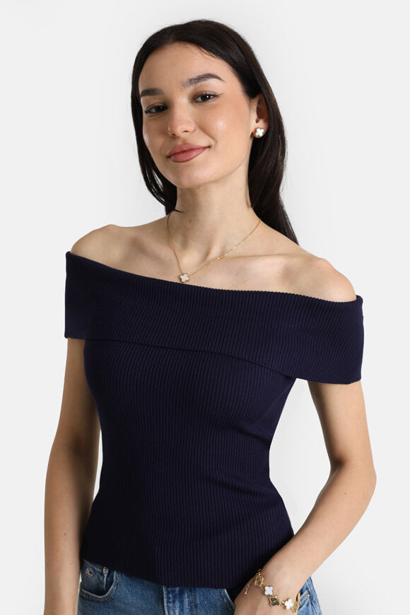 Geripptes Off Shoulder Crop Stricktop - Marineblau