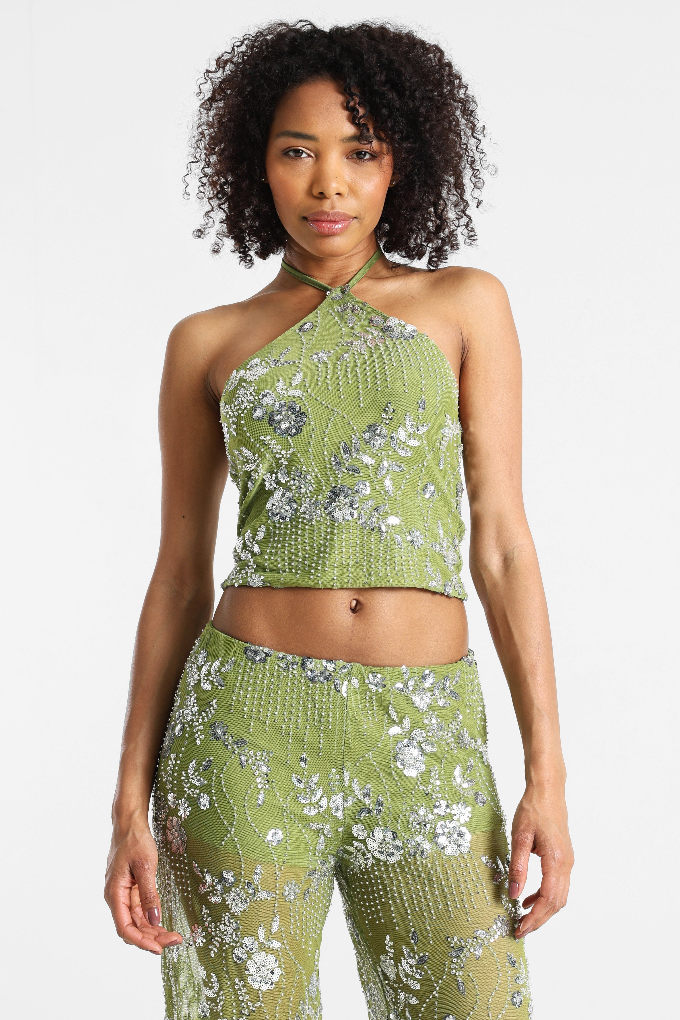 Mesh Pailletten Neckholder Crop Top - Grün Matcha