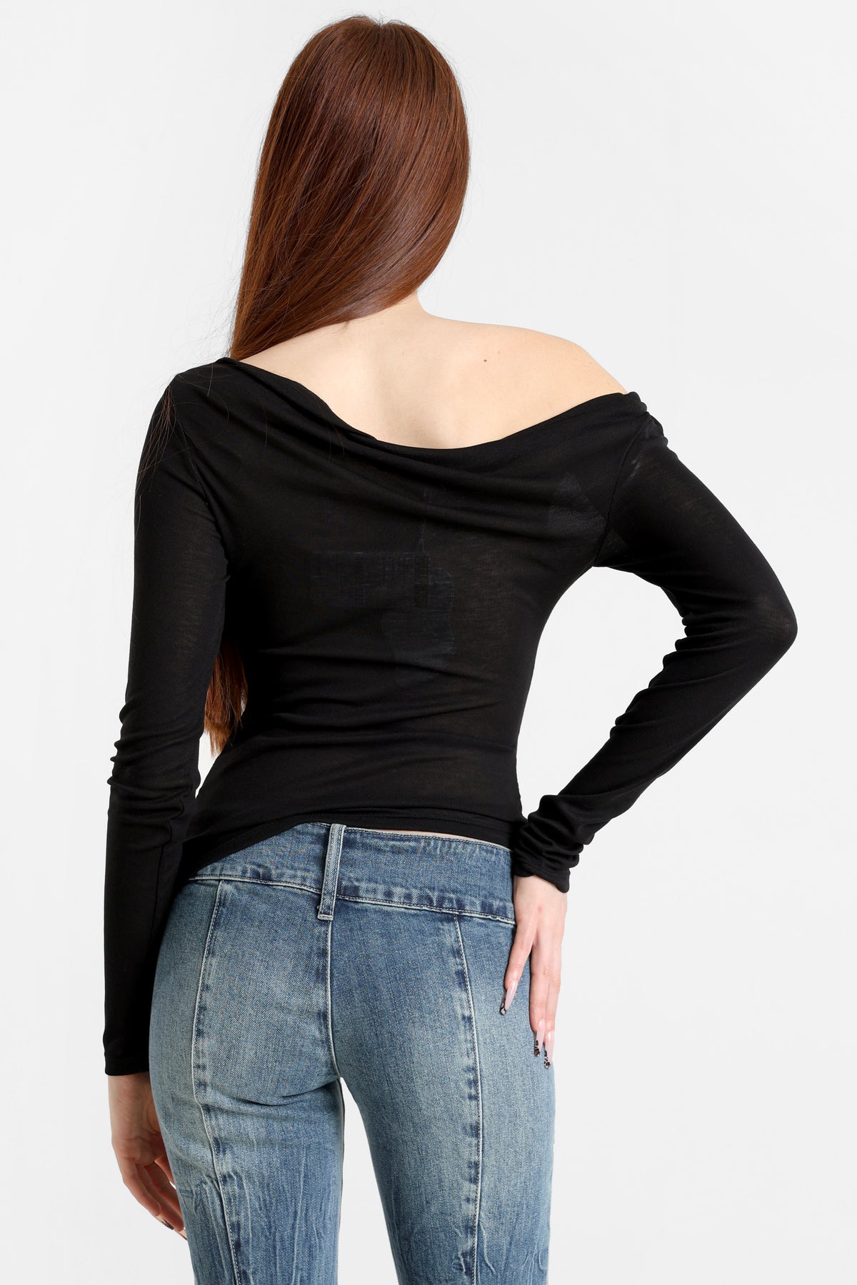 Off Shoulder Langarmshirt - Schwarz