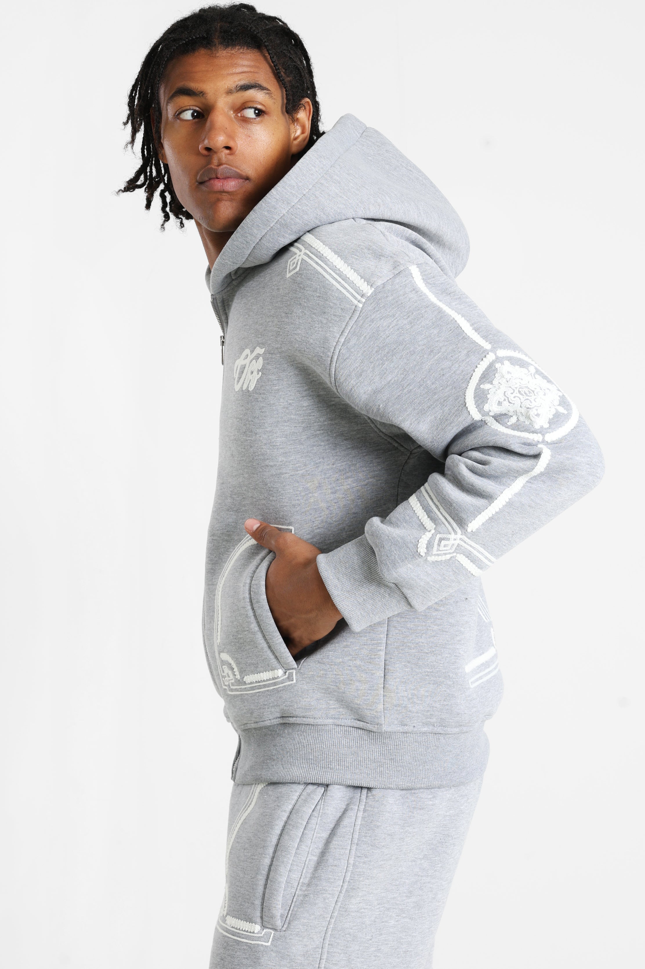 Felpa con cappuccio e zip - Grey Heather + White