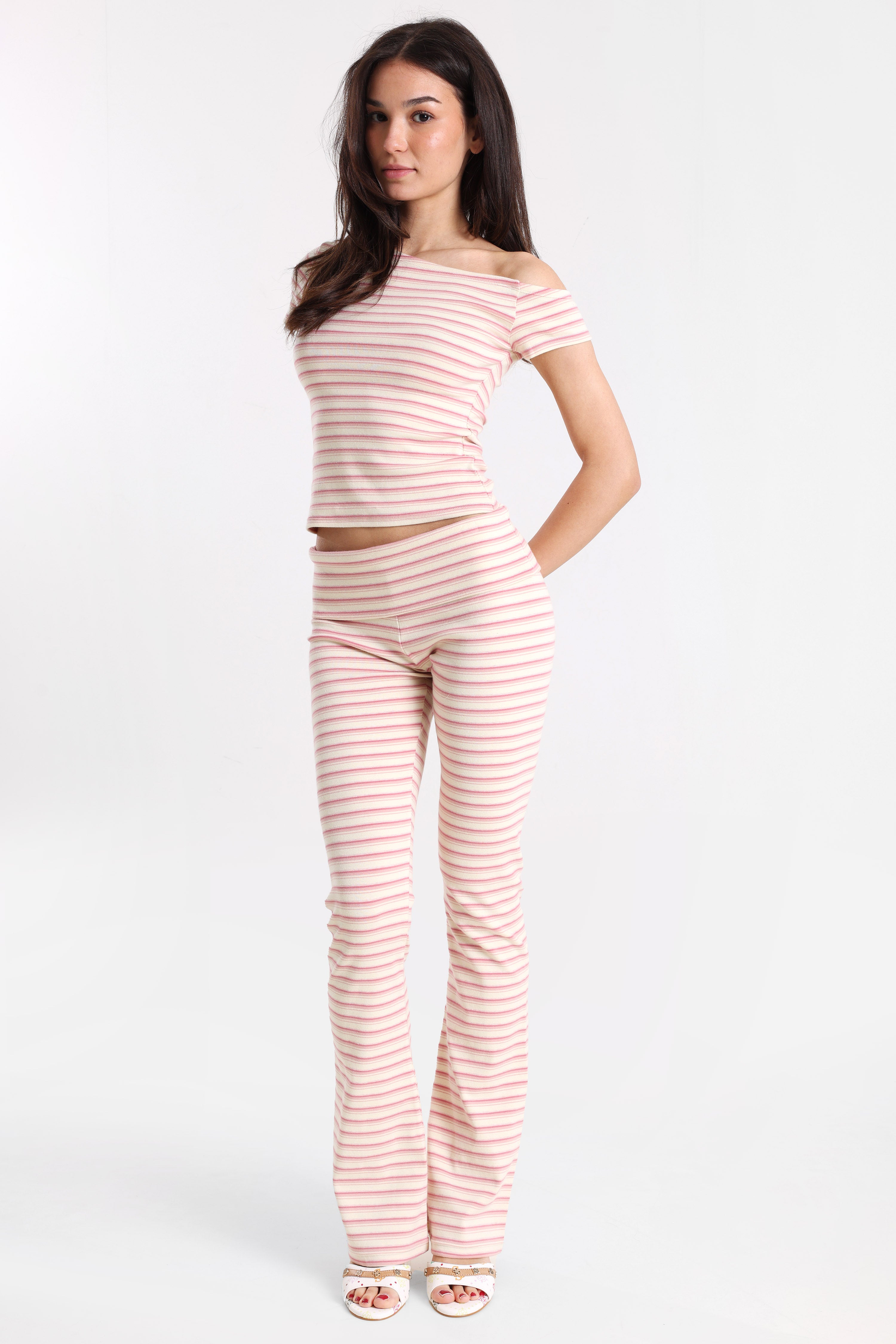 One Shoulder Crop T-Shirt - Offwhite + Pink