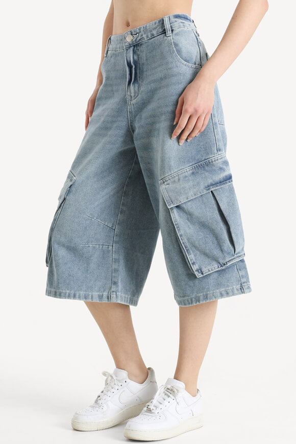 Cargo Jeansshorts - Gewaschen Blau