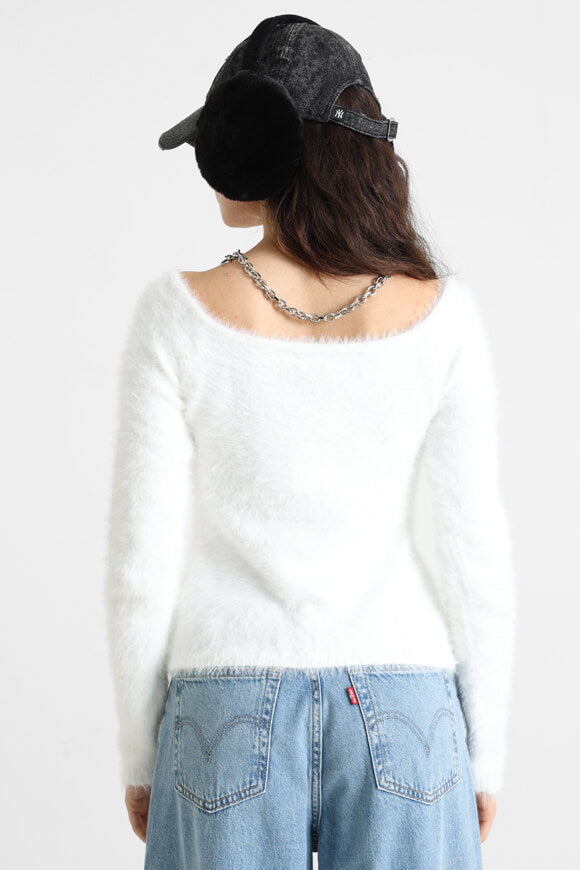 Pull off shoulder en tricot poilu - Ecru