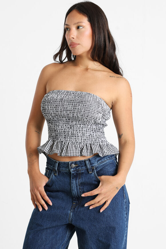 Crop top a fascia in seersucker - bianco + nero