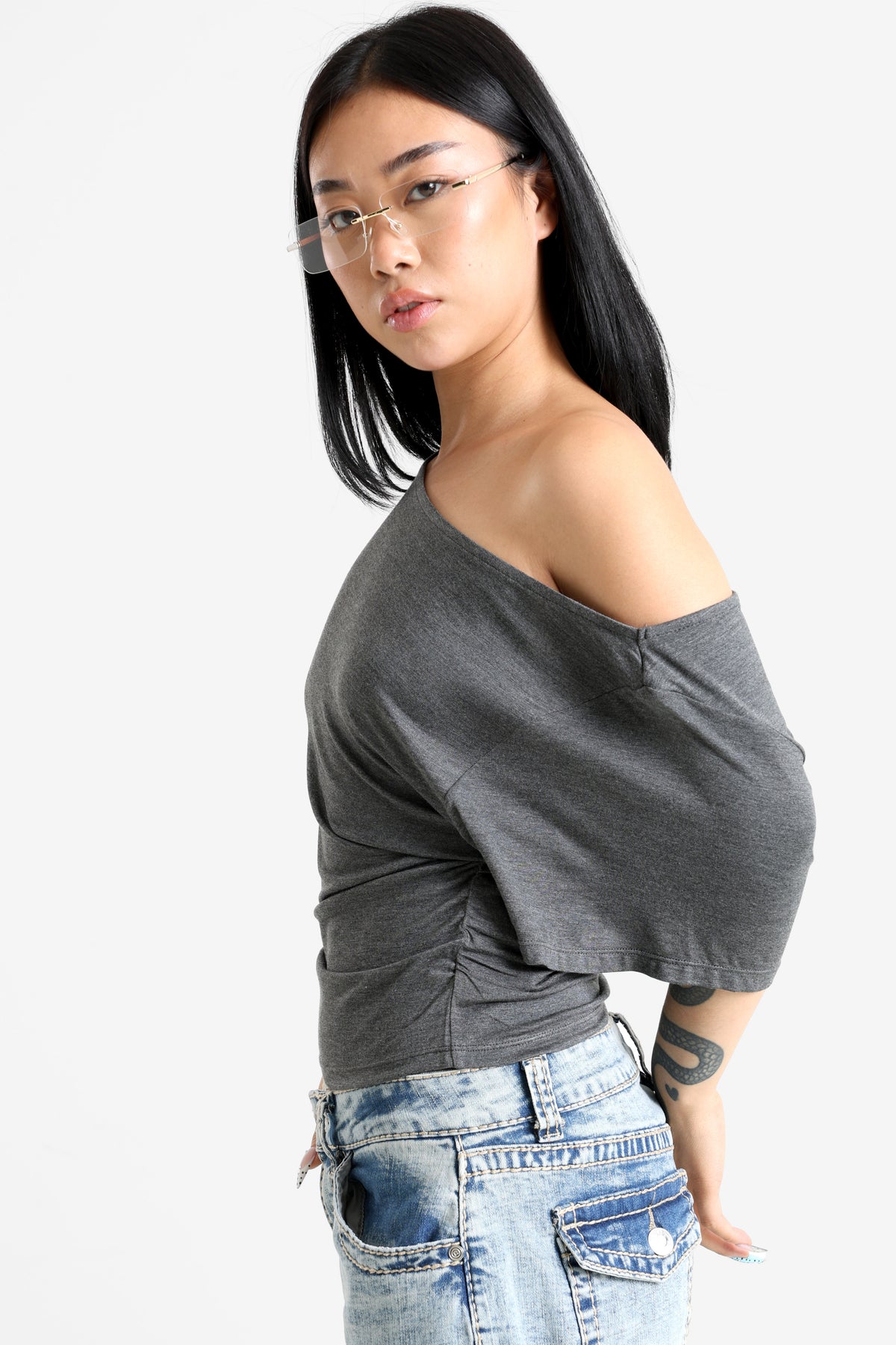 Off Shoulder T-Shirt - Dunkelgrau meliert