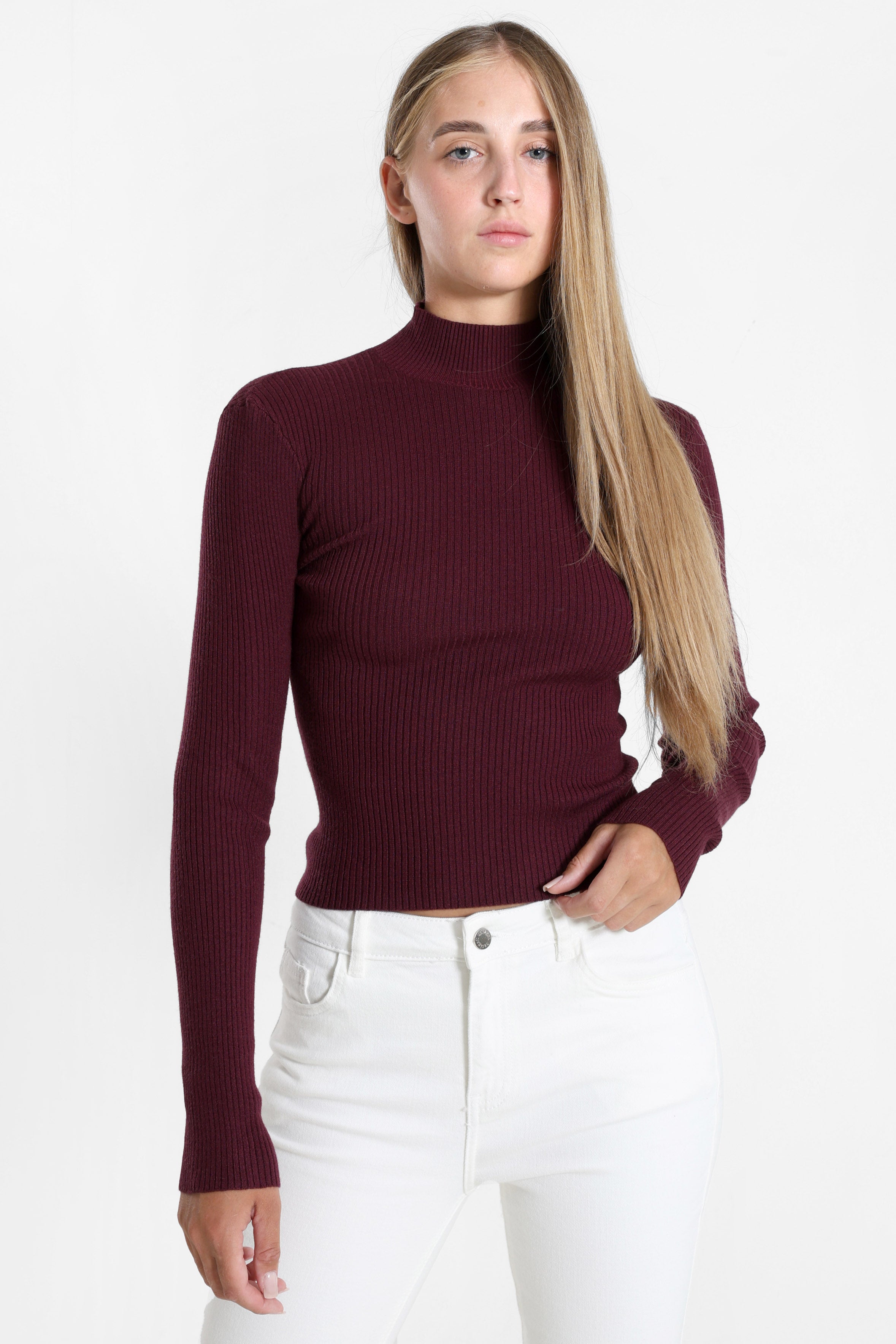 Gerippter Crop Strickpullover - Bordeaux