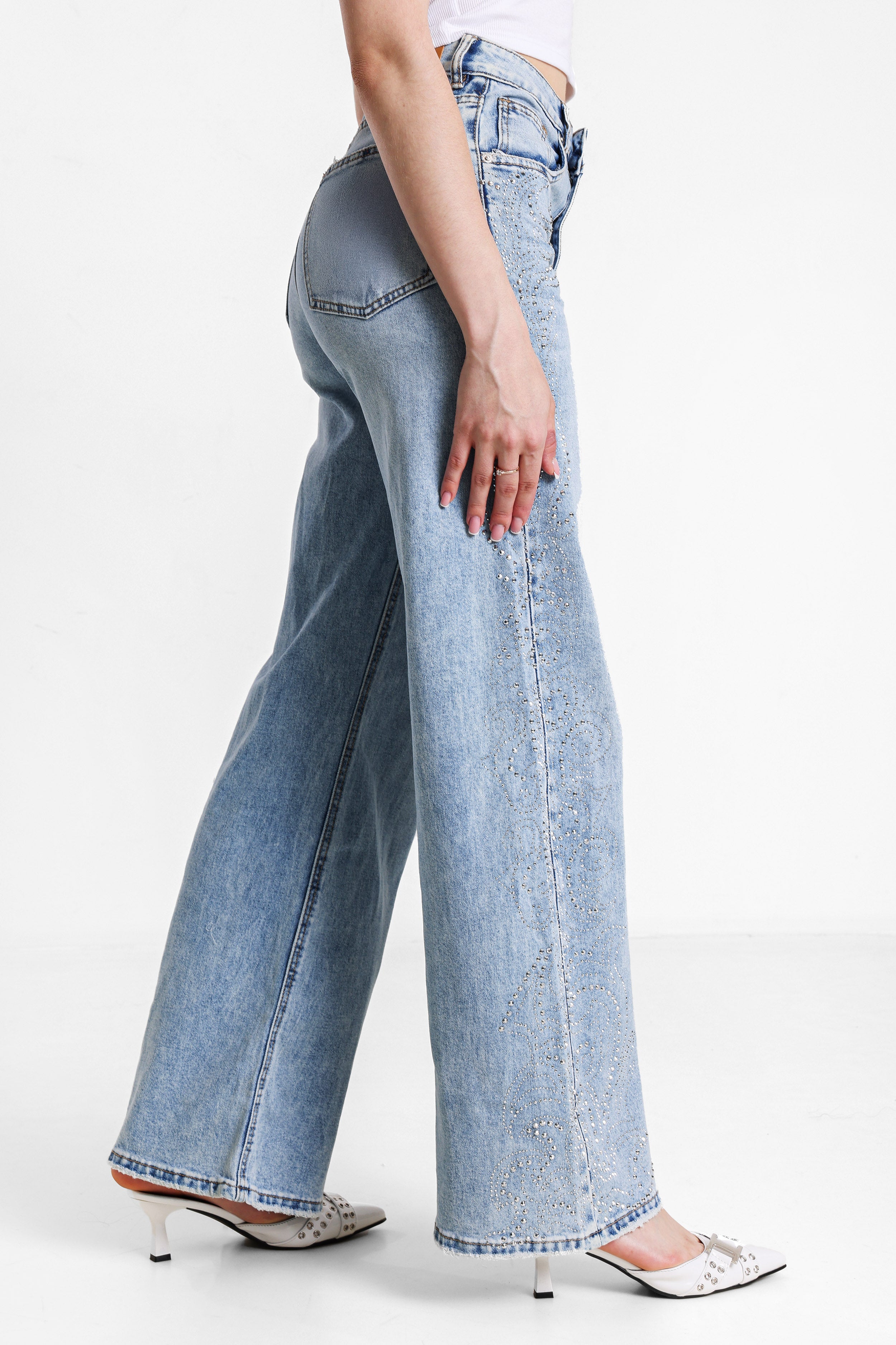 Jean wide leg avec strass - Light Blue Washed