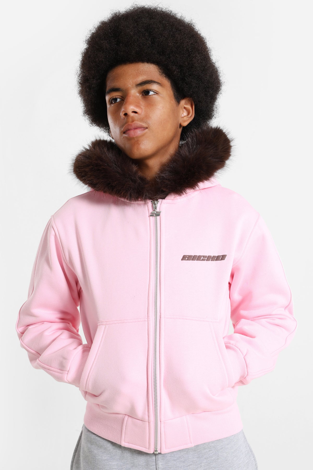 Sweat zippé à capuchon - Rose + Brun