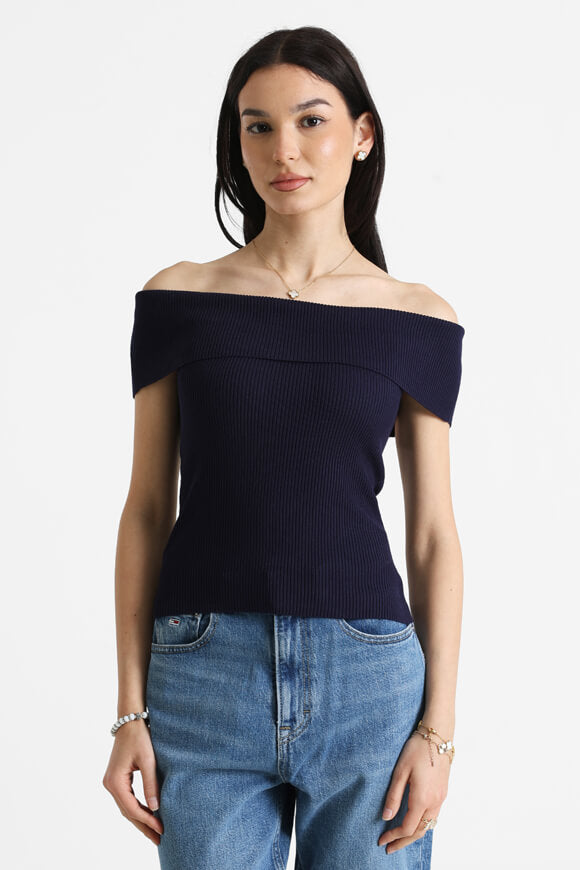 Geripptes Off Shoulder Crop Stricktop - Marineblau