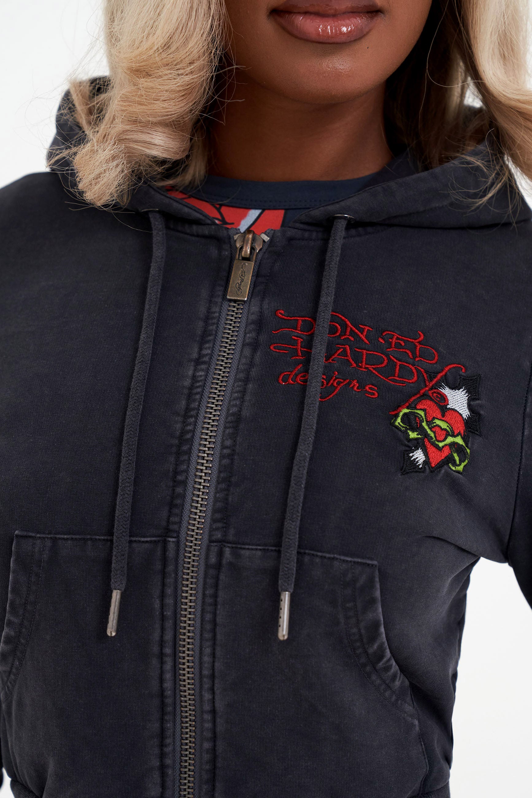 Crop Kapuzensweatjacke - Black Washed
