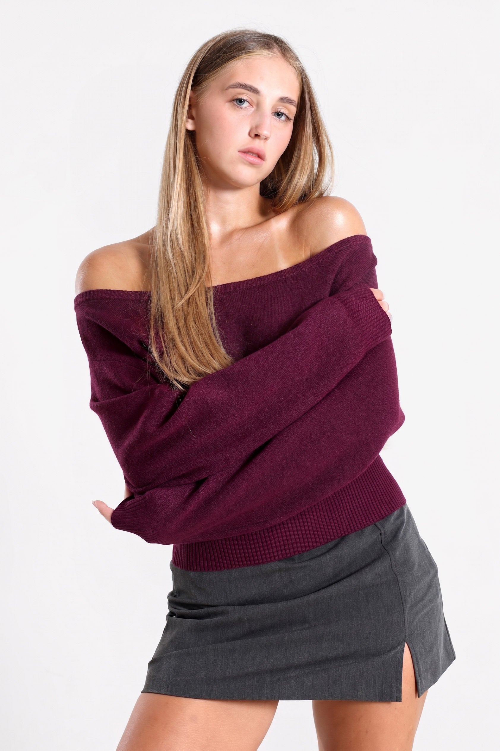 Off Shoulder Strickpullover - Aubergine