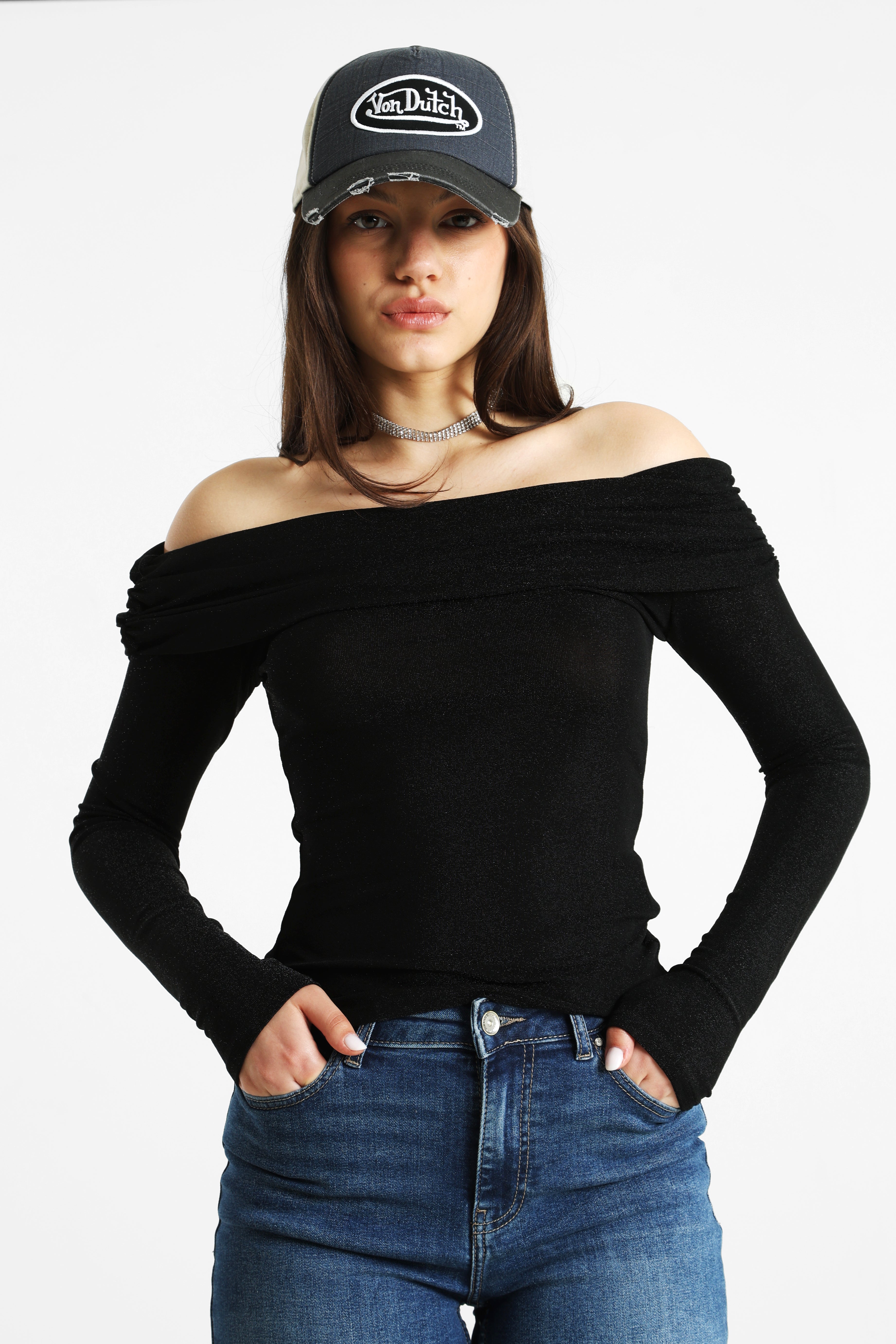 Off Shoulder Glitzer Langarmshirt - Schwarz