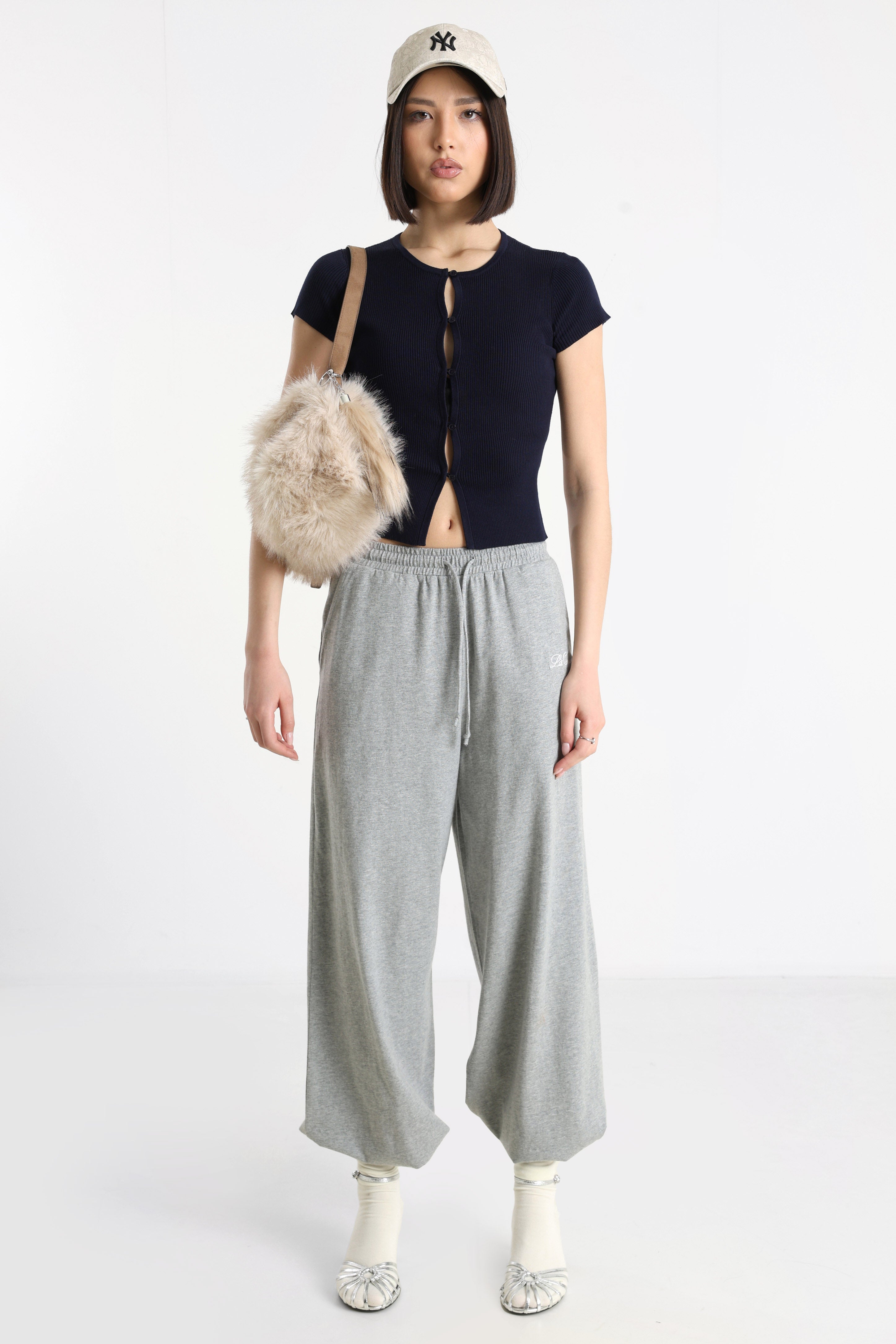 Geripptes Crop T-Shirt - Marineblau