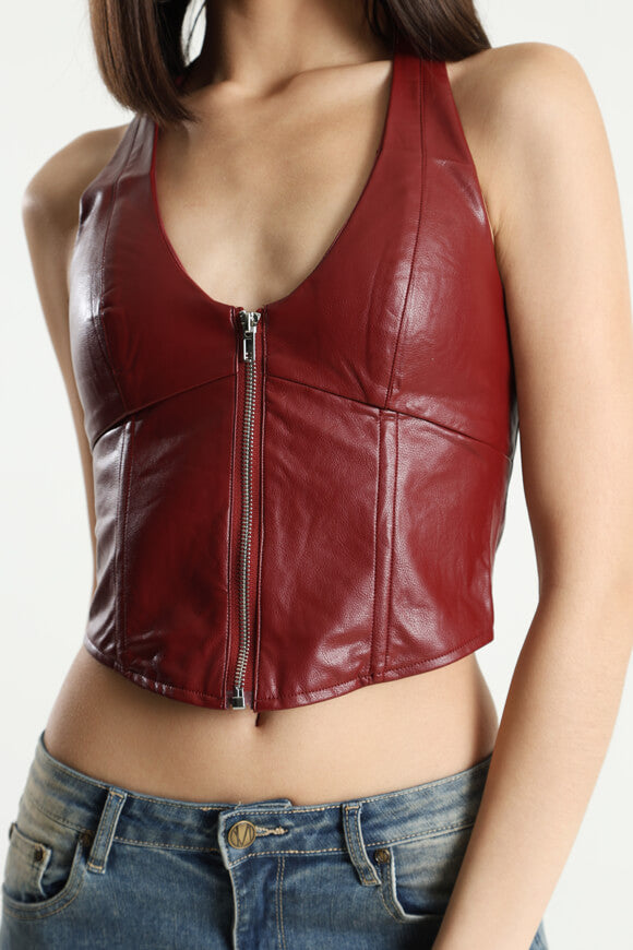Crop top in ecopelle con scollo a farfalla - Bordeaux