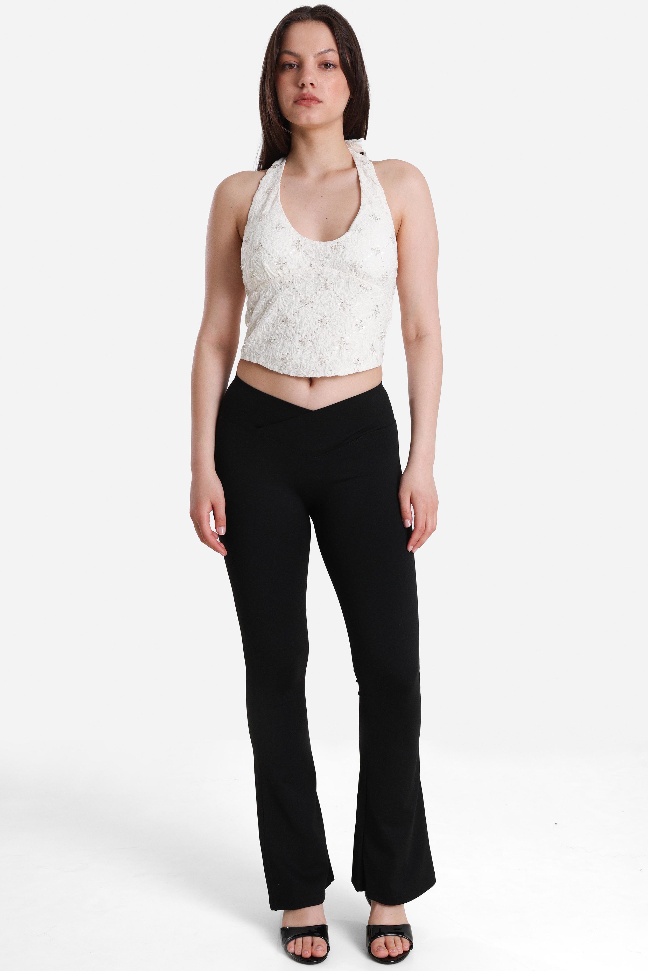 Pailletten Neckholder Crop Top - Offwhite