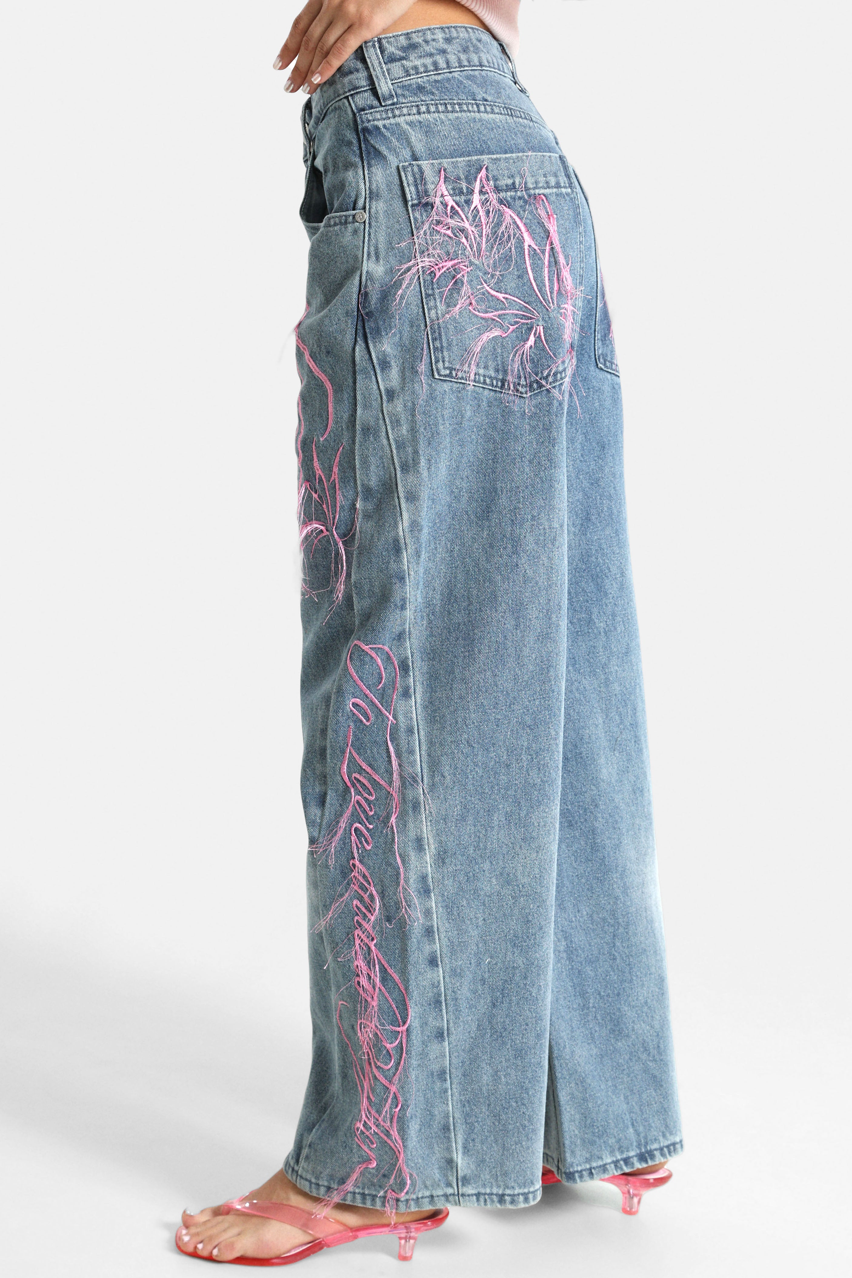 Baggy Fit Jeans - Dunkelblau + Rosa
