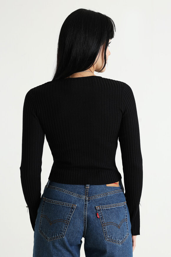 Gerippte Crop Strickjacke - Schwarz