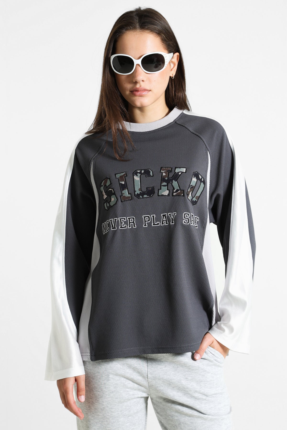 Mesh Langarmshirt - Anthracite + Ecru