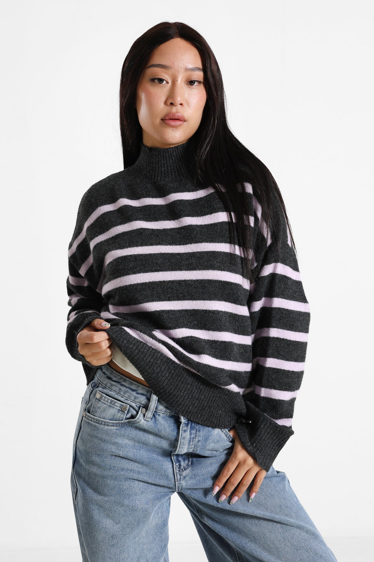 Pull en tricot - Anthracite + Rose