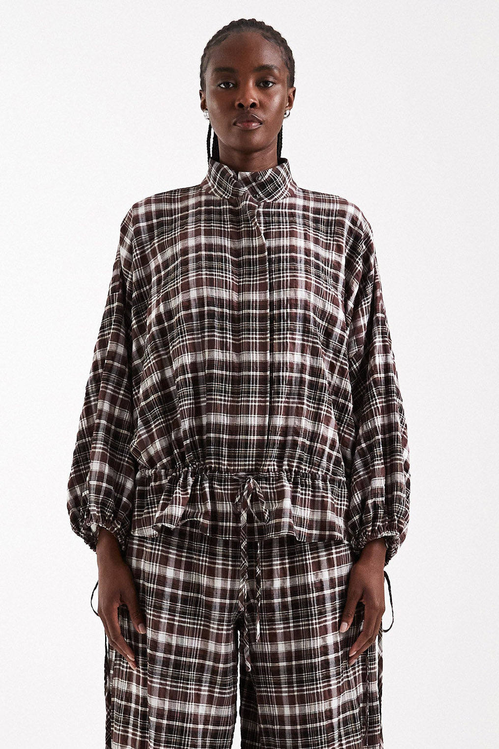 TSDAGMAR loose checkered seersucker shirt - Chocolate Brown