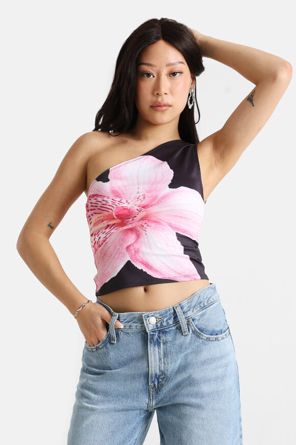 One Shoulder Crop Top - Black + Pink