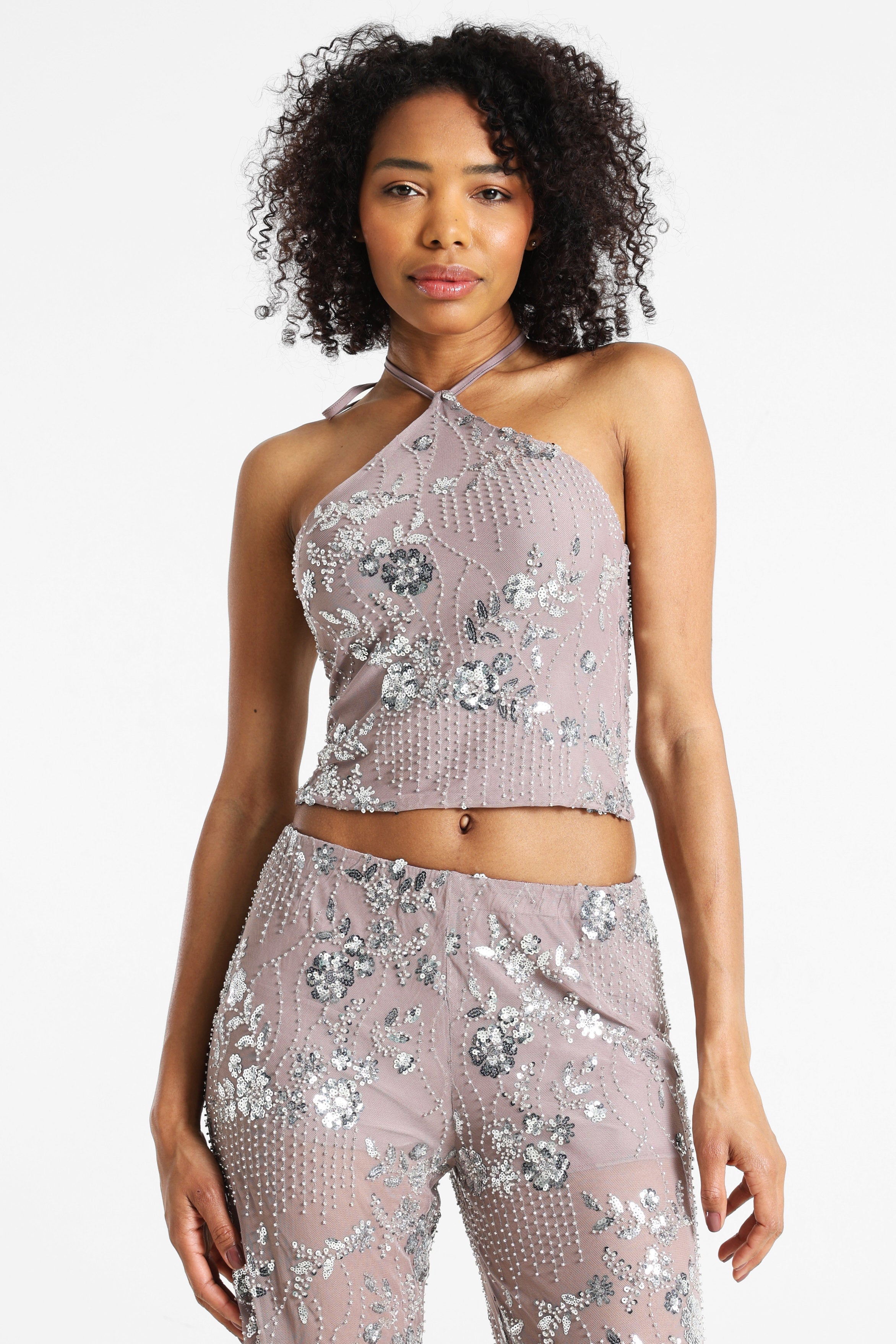Mesh Pailletten Neckholder Crop Top - Zartlila