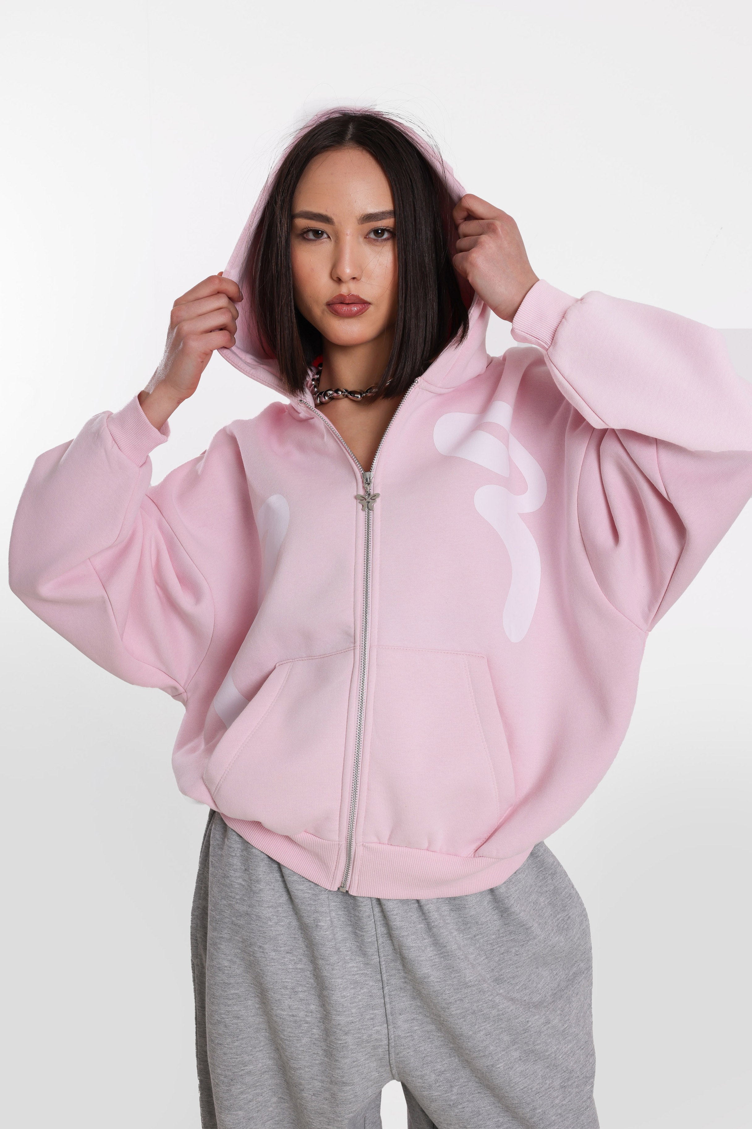 Oversized zip-up hoodie with hood - Blush Pink