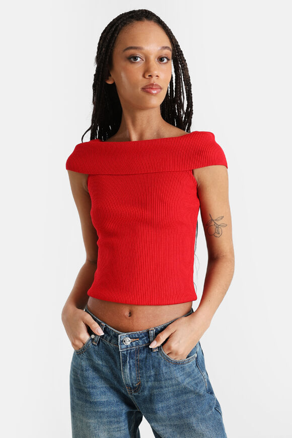 Geripptes Off Shoulder Crop Stricktop - Rot