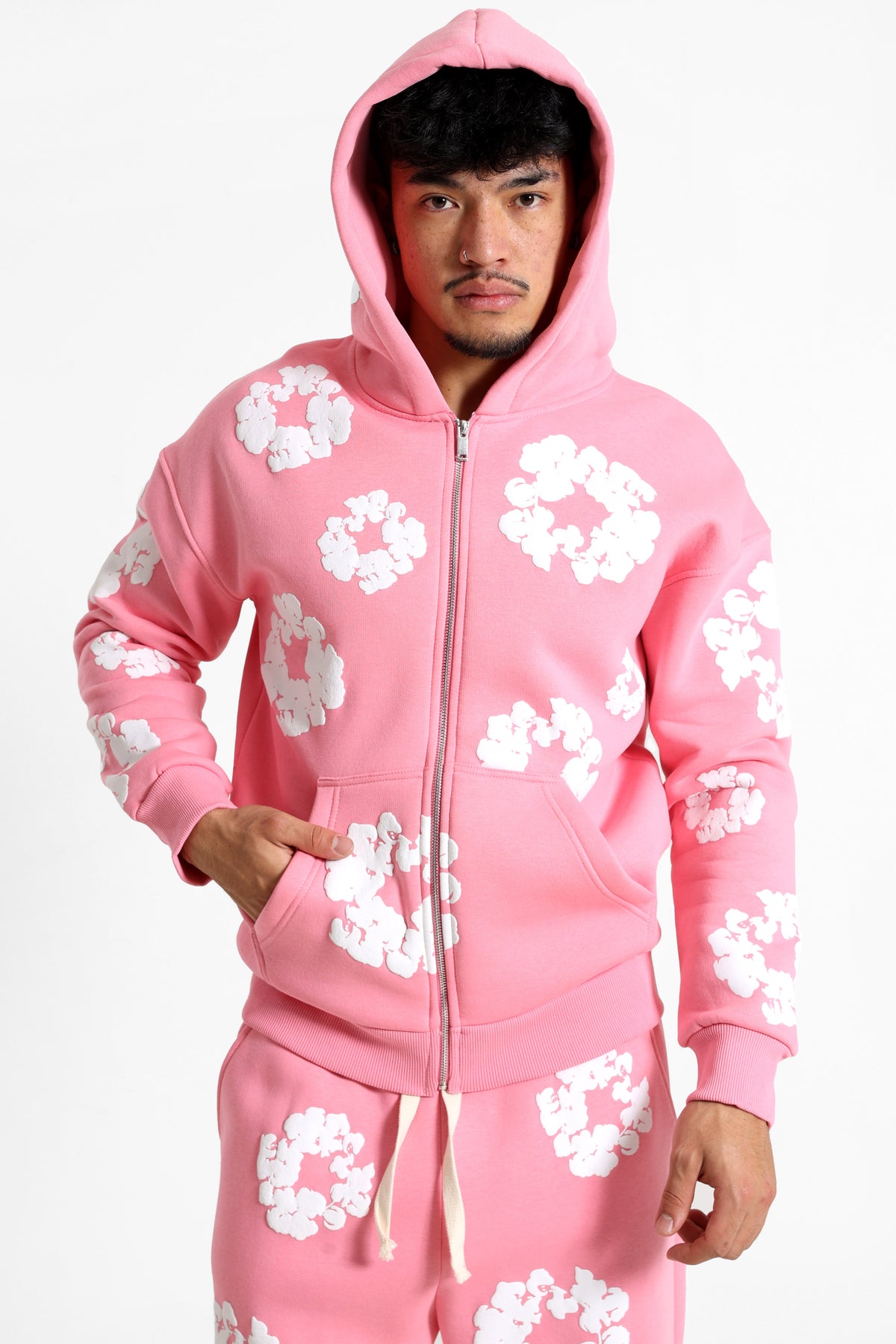 Kapuzensweatjacke - Pink + White