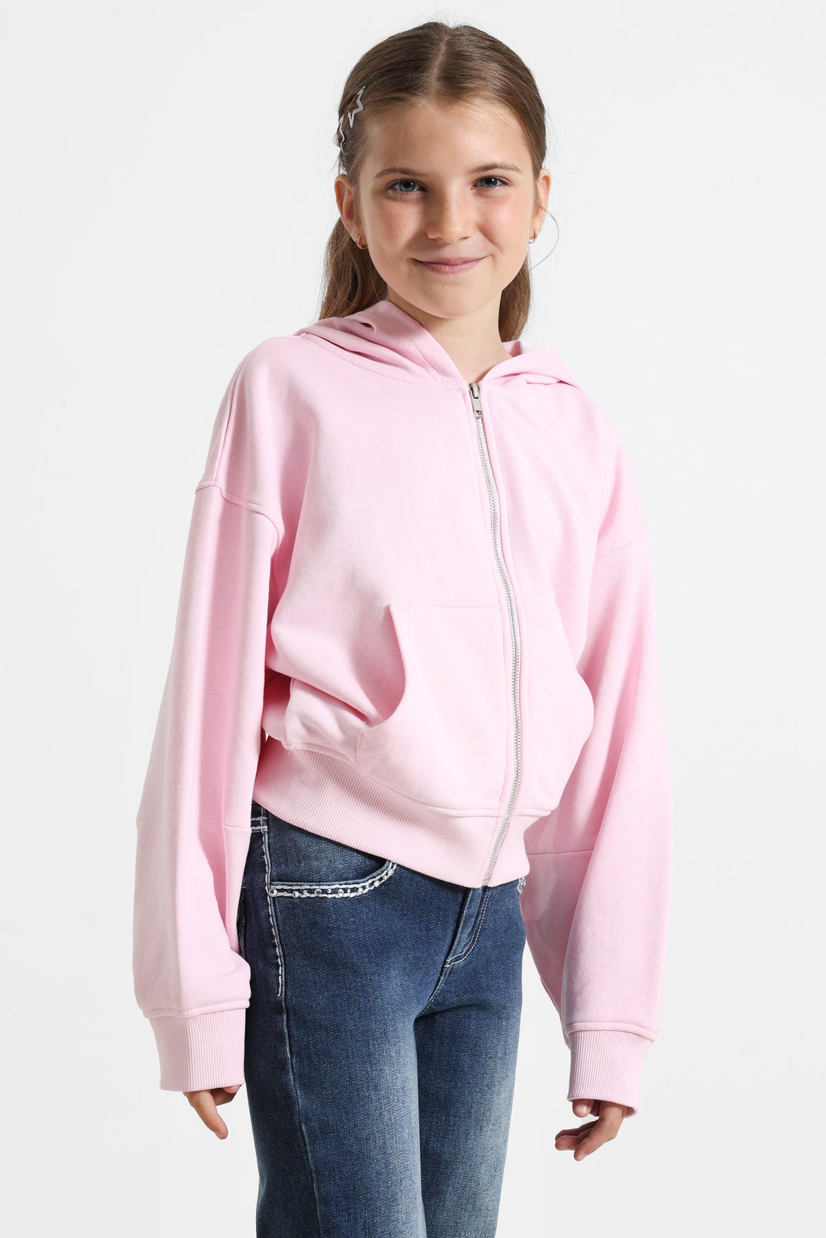 Sweat ample zippé à capuchon - Rose
