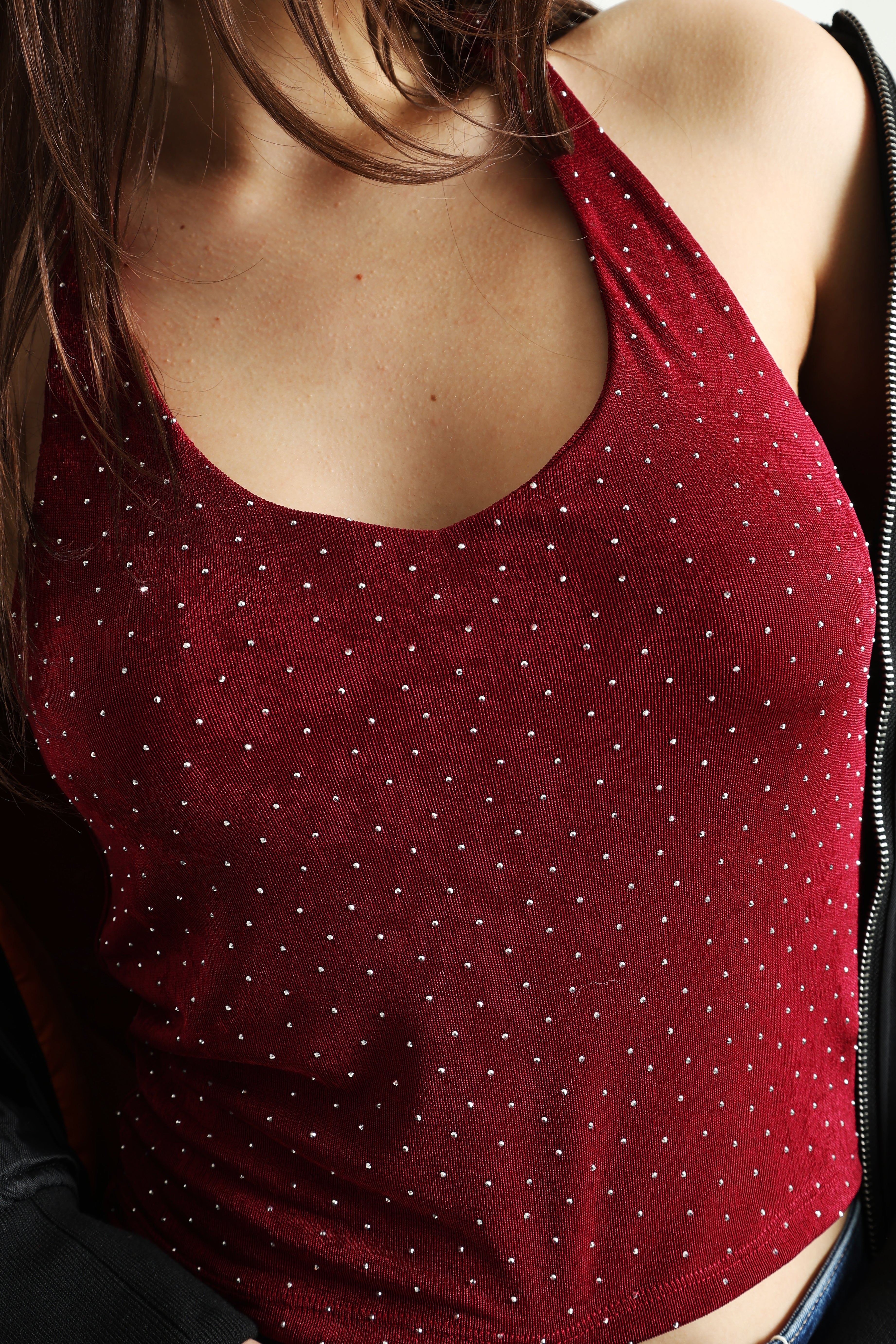 Neckholder Crop Top mit Strass - Bordeaux