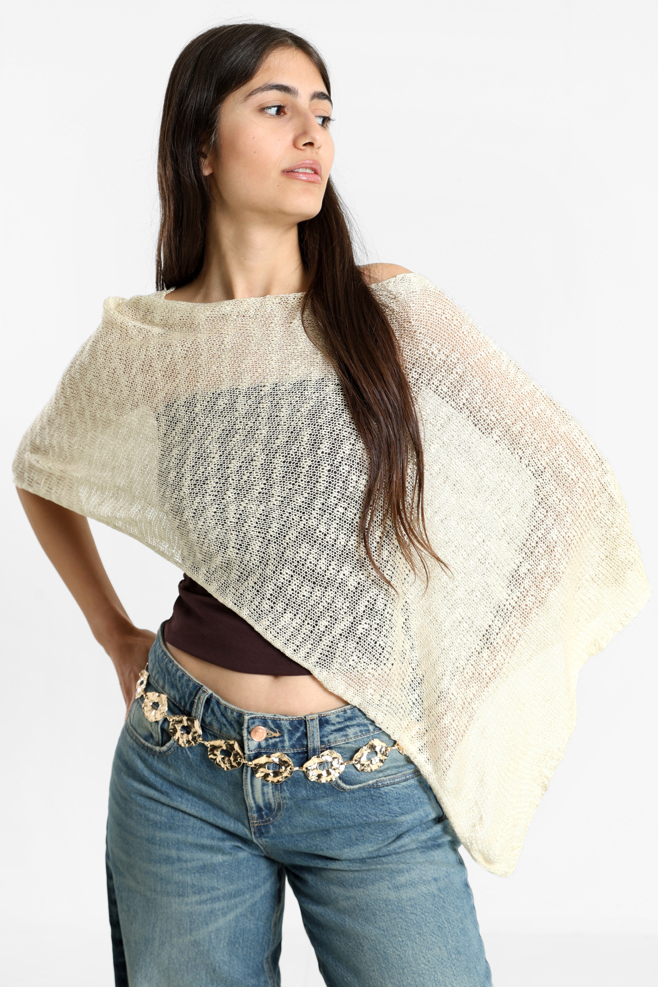 Poncho en tricot fin - Light Beige